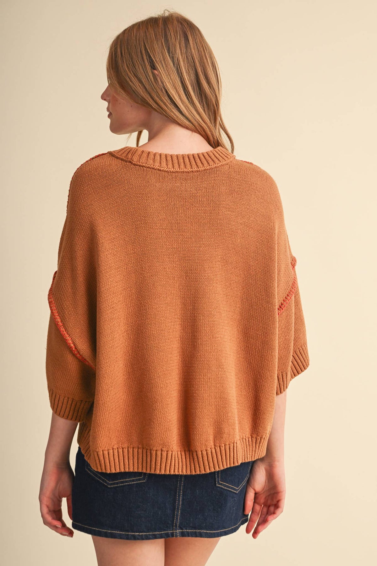 SHORT SLV SWEATER W CONTRAST BLANKET STITCH MSW11471: OLIVE TAUPE / S