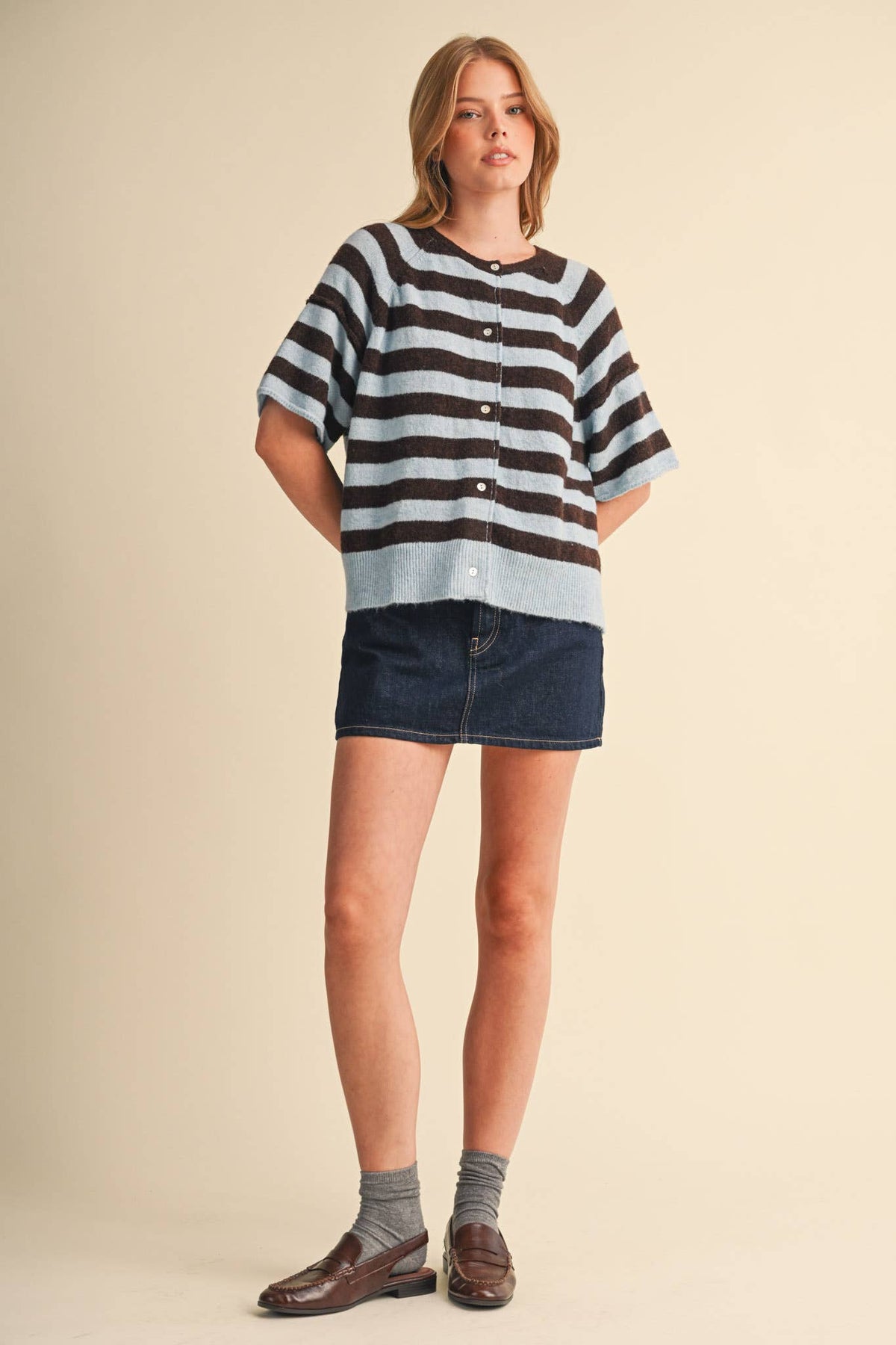 STRIPED SHORT SLEEVE SWEATER CARDIGAN MSW11671: OLIVE PLUM / L