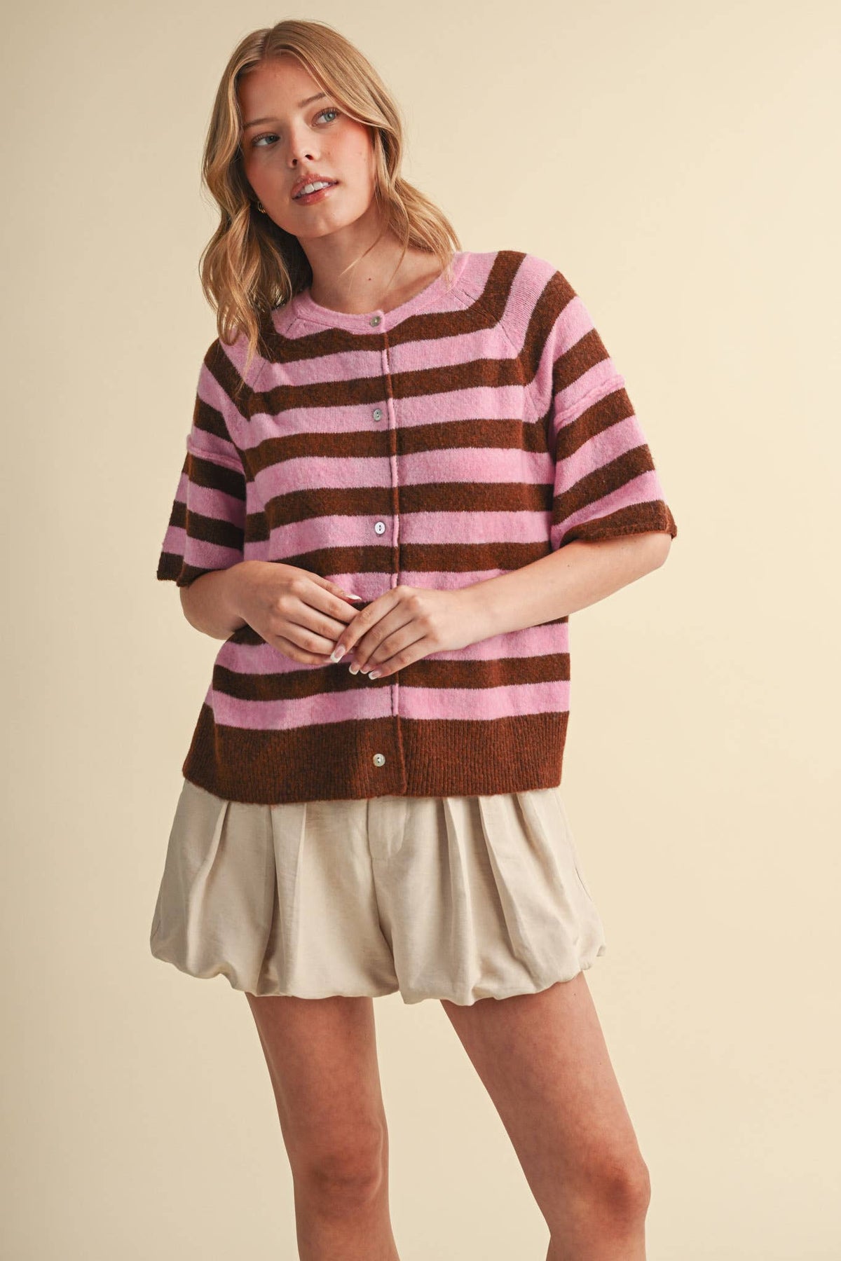 STRIPED SHORT SLEEVE SWEATER CARDIGAN MSW11671: OLIVE PLUM / S