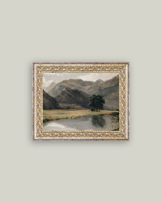 River Mountainscape Framed Antique Art: 10x8