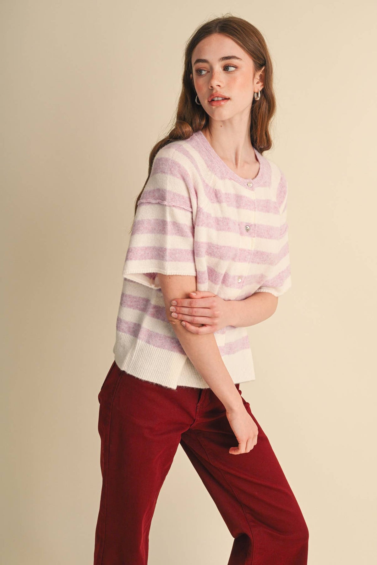 STRIPED SHORT SLEEVE SWEATER CARDIGAN MSW11671: OLIVE PLUM / L