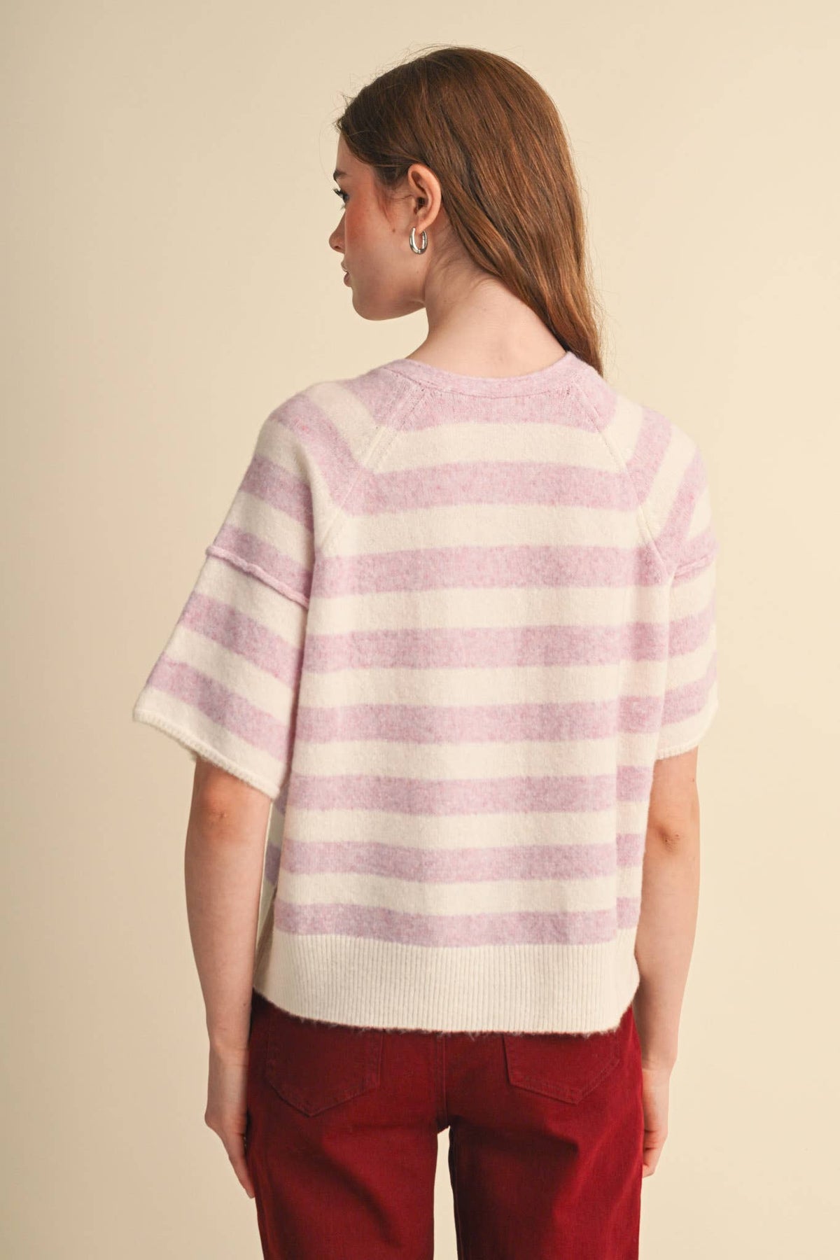 STRIPED SHORT SLEEVE SWEATER CARDIGAN MSW11671: OLIVE PLUM / S