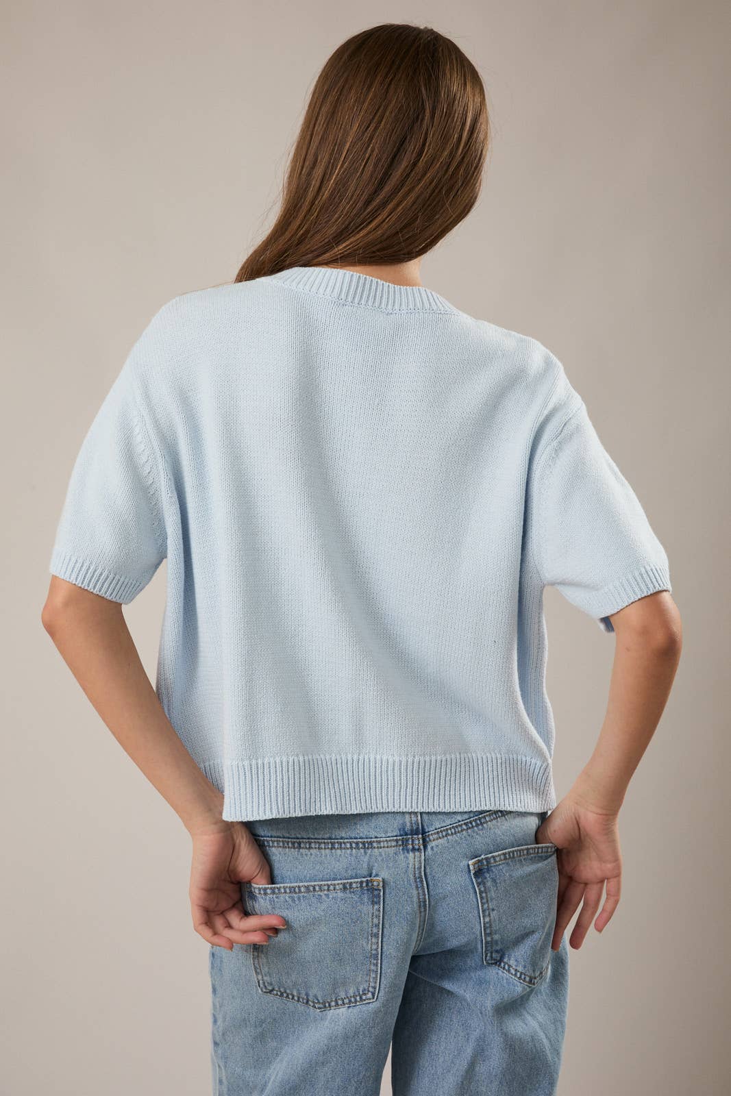 SHORT SLEEVE SWEATER CARDIGAN: LT OLIVE / S
