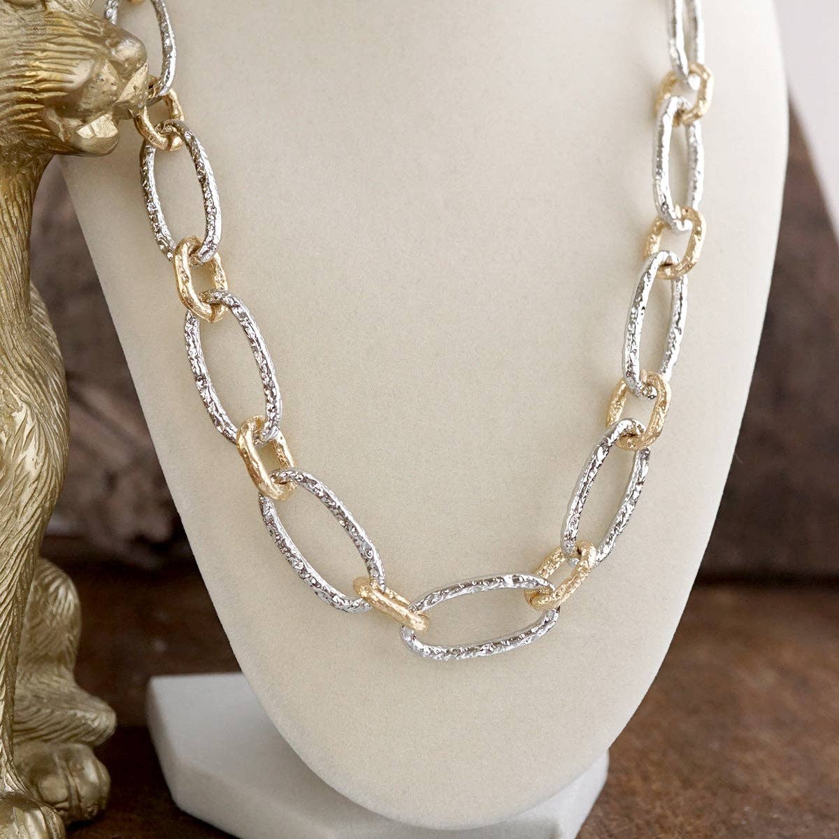 Chunky Statement Necklace – Elongated Textured Chain Necklace: Two Tone