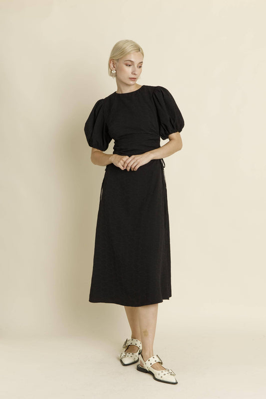 AD1842 - ROSETTE TIE MIDI DRESS: BLACK