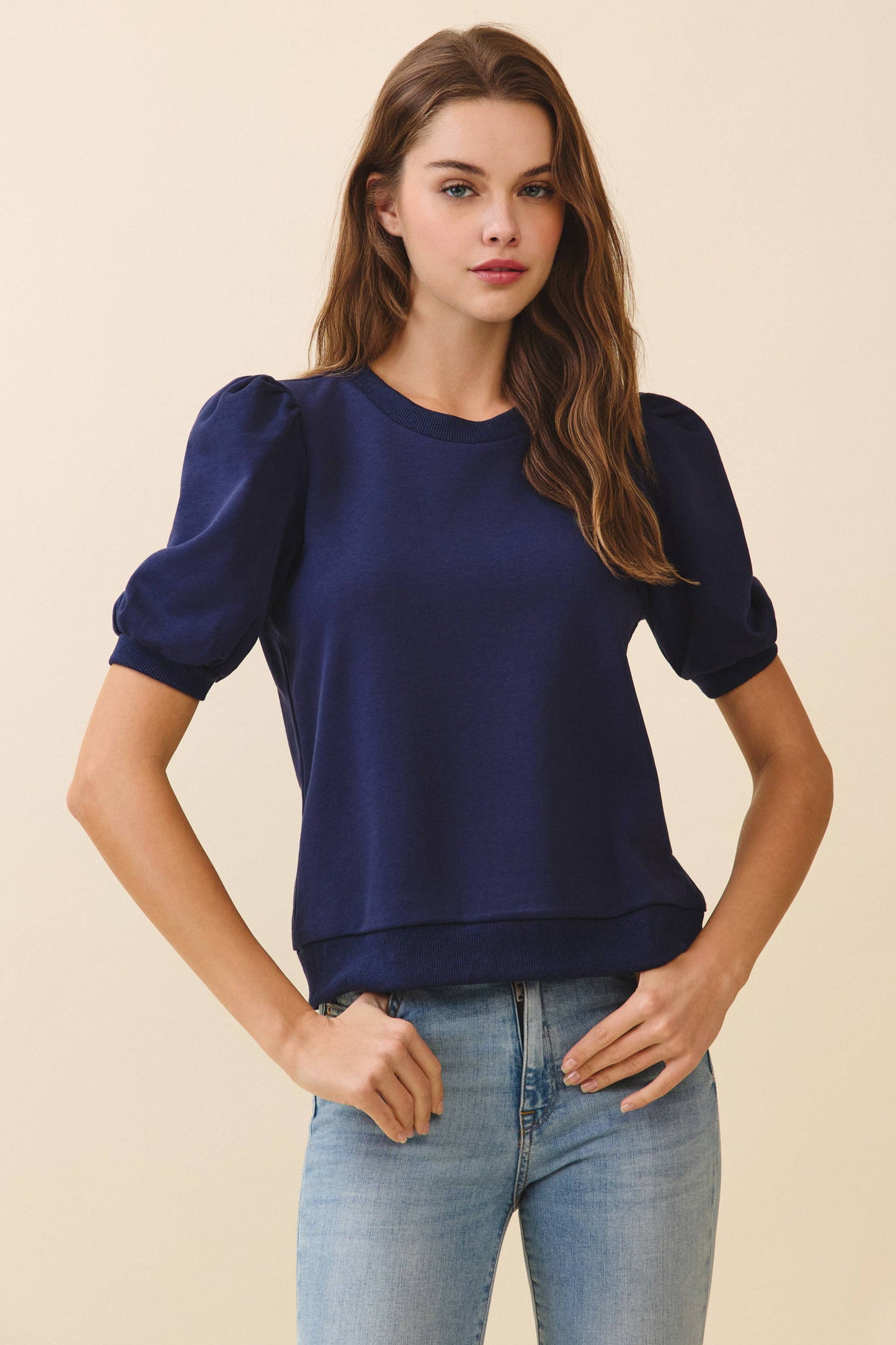 CT8936-Crew Neck Short Puff Sleeves Knit Top: Crimson / M