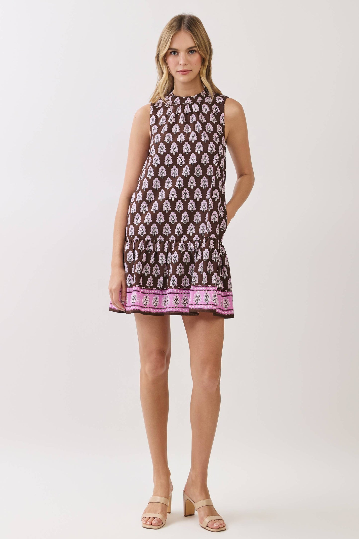 CD07314-Border Print Sleeveless Drop Waist Mini Dress: Brown / M