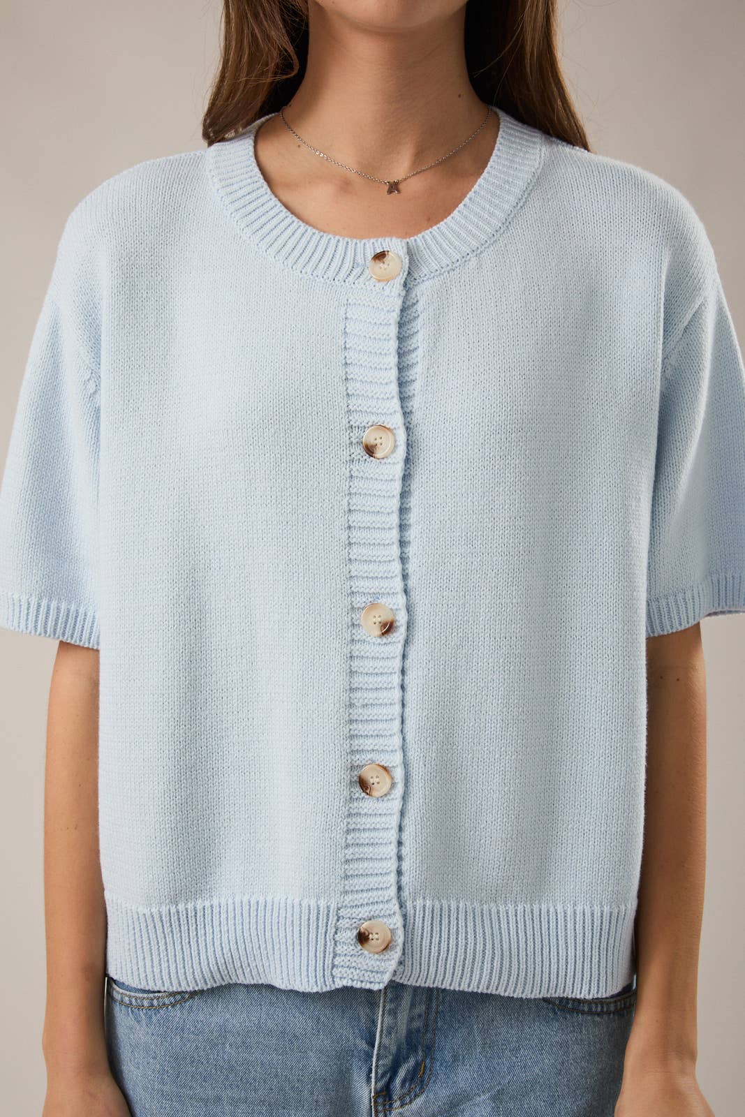 SHORT SLEEVE SWEATER CARDIGAN: LT OLIVE / S