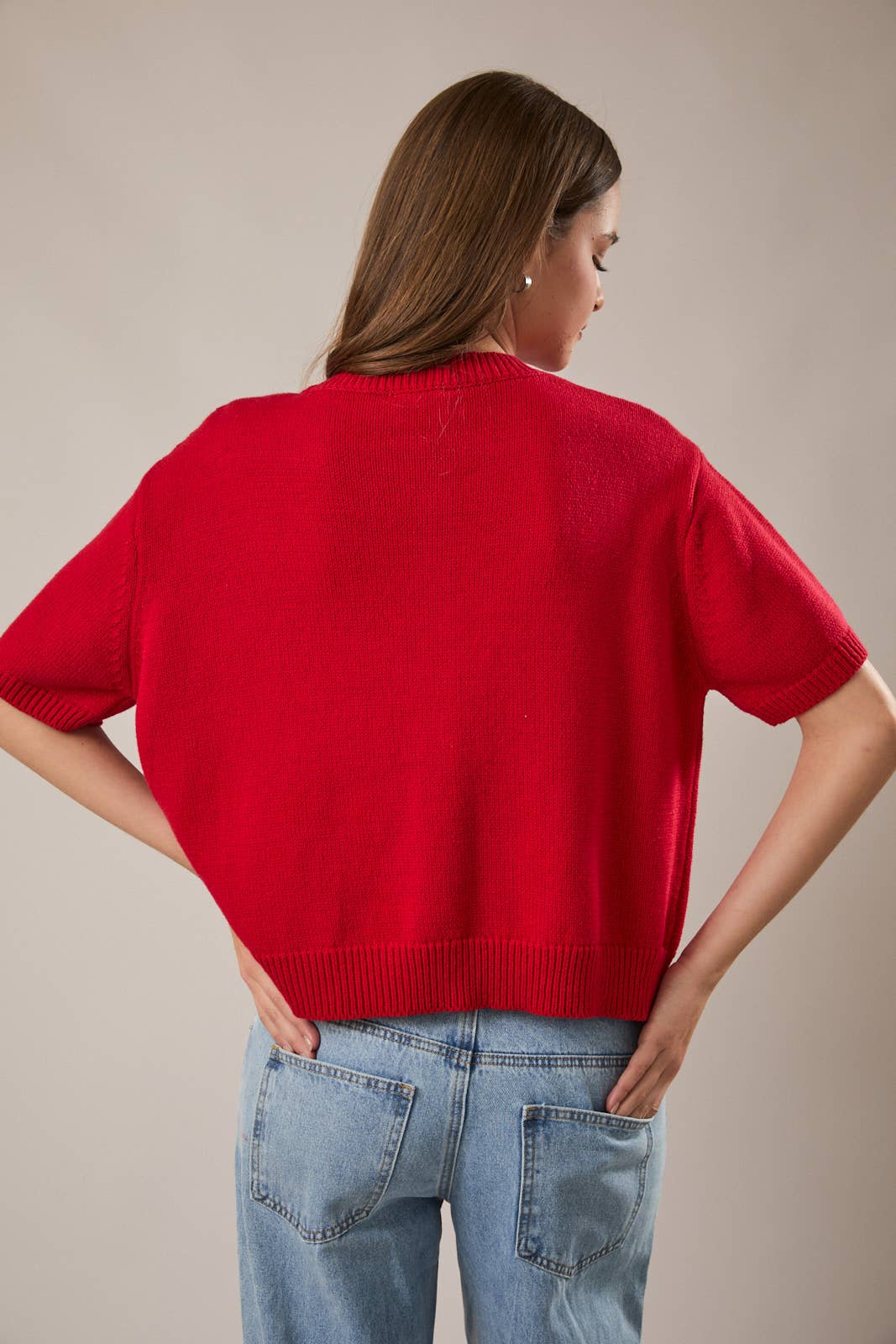 SHORT SLEEVE SWEATER CARDIGAN: LT OLIVE / M