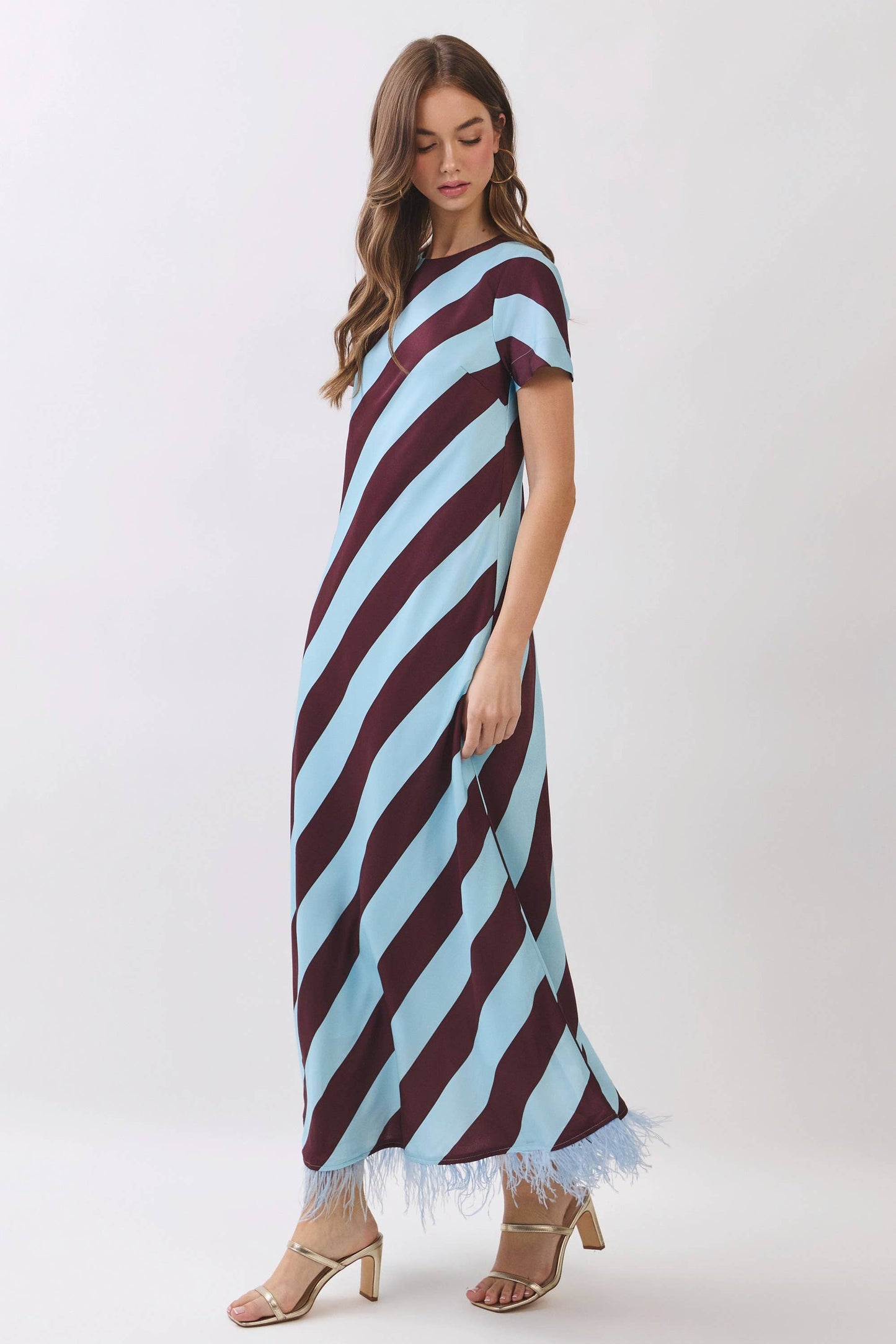 CD07188-Diagonal Stripe Feather Hem Maxi Dress: Blue / S