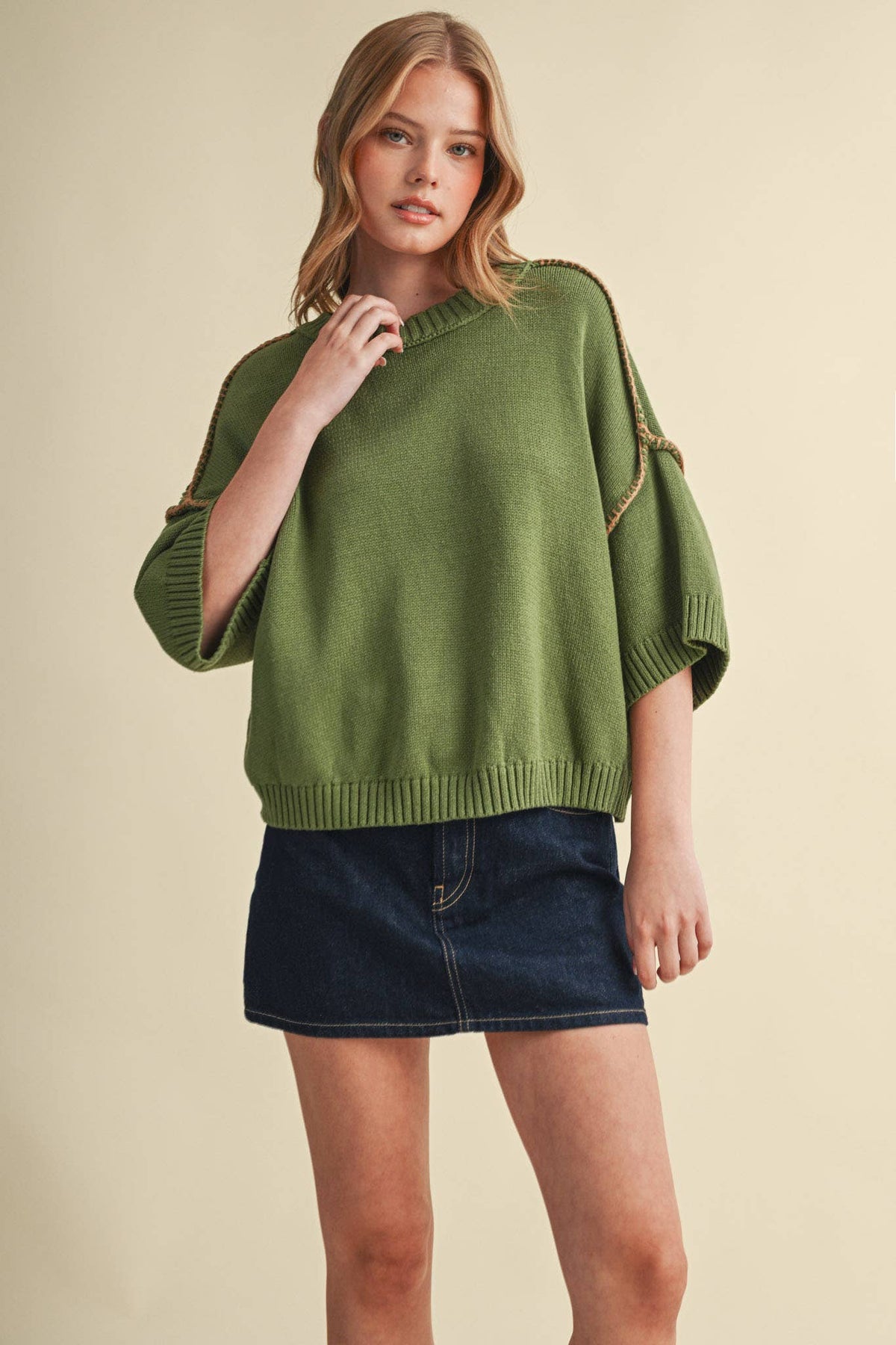 SHORT SLV SWEATER W CONTRAST BLANKET STITCH MSW11471: OLIVE TAUPE / L
