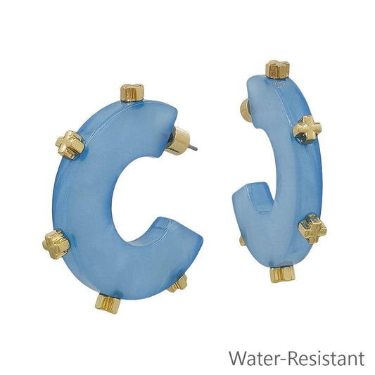 Water Resistant Blue Acrylic Hoop with Gold Studded 1.5" Earring