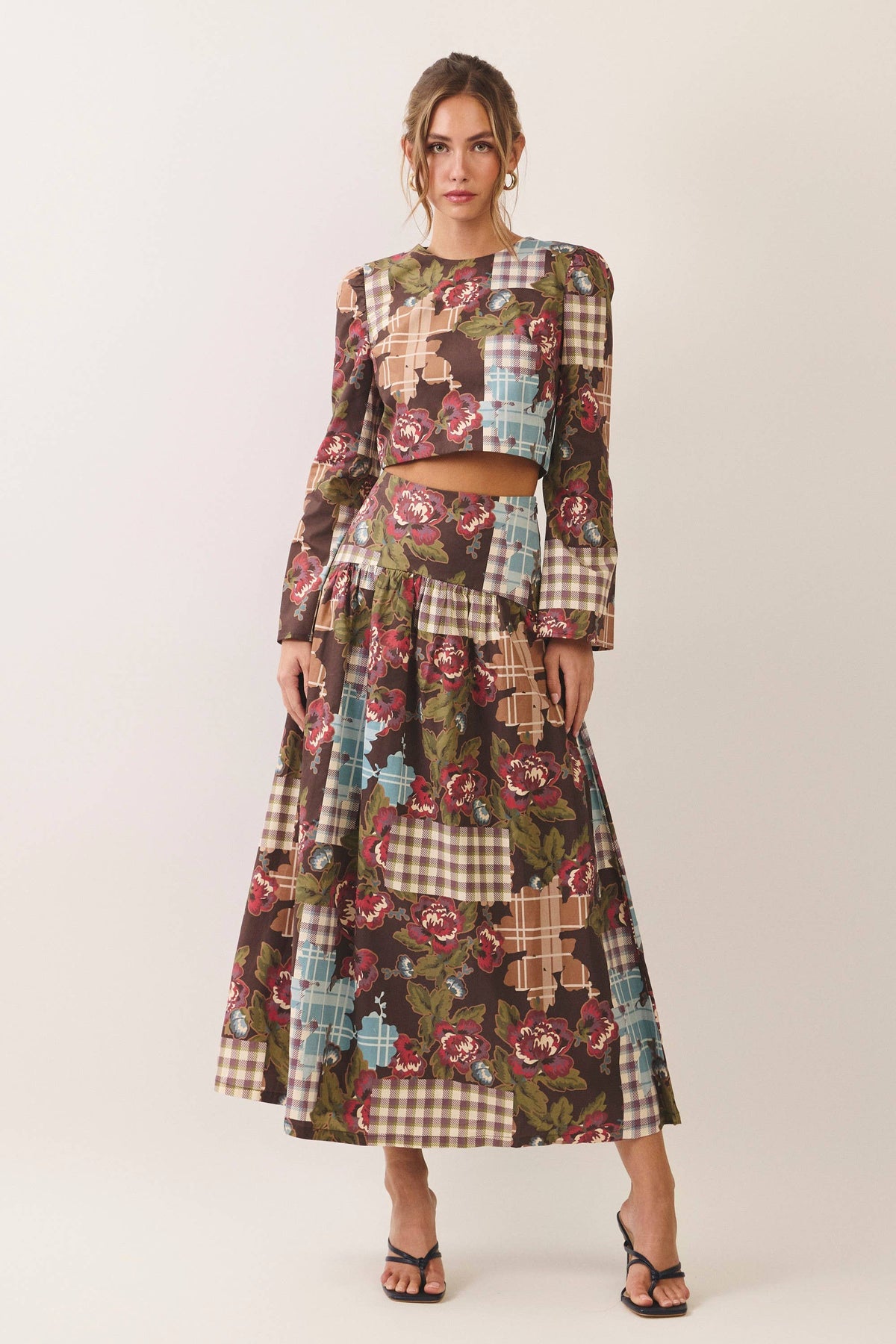 CS4193-Floral plaid patchwork maxi skirt: CHOCOLATE / L