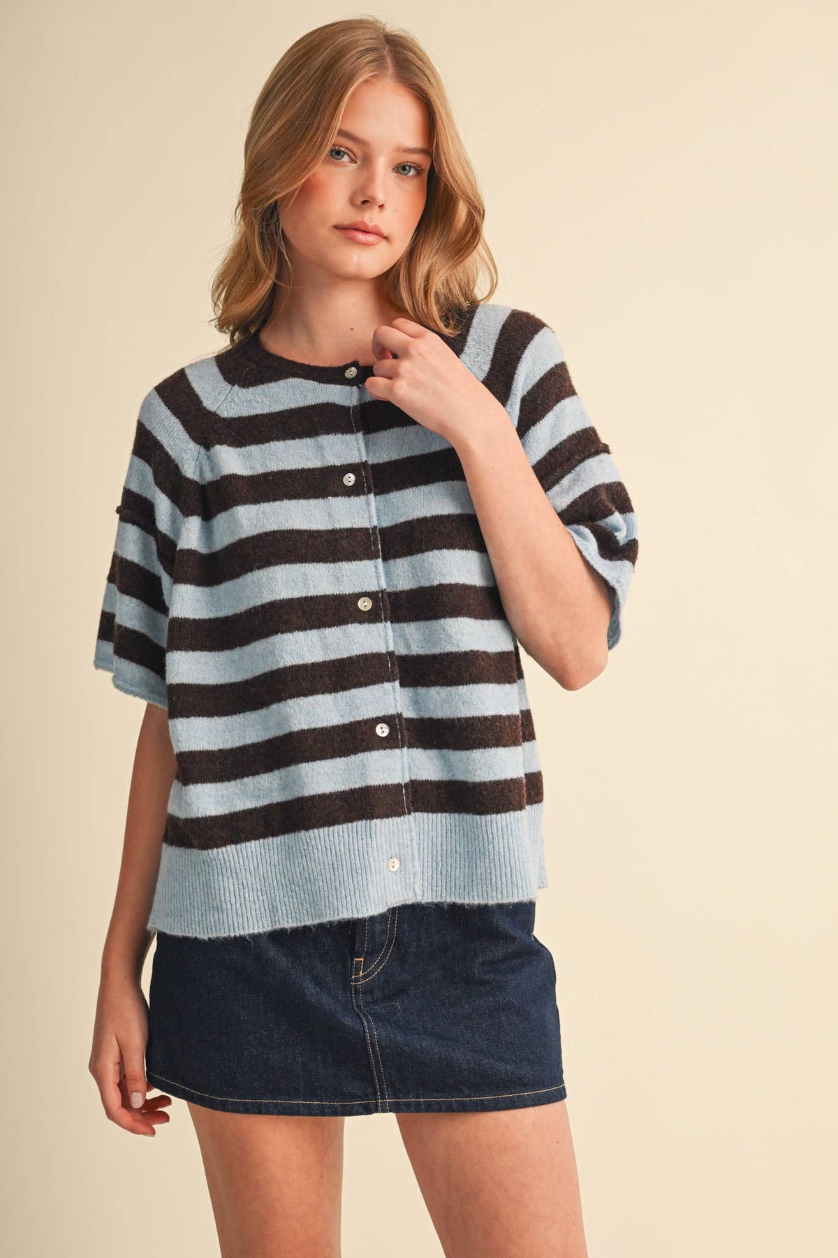 STRIPED SHORT SLEEVE SWEATER CARDIGAN MSW11671: OLIVE PLUM / S