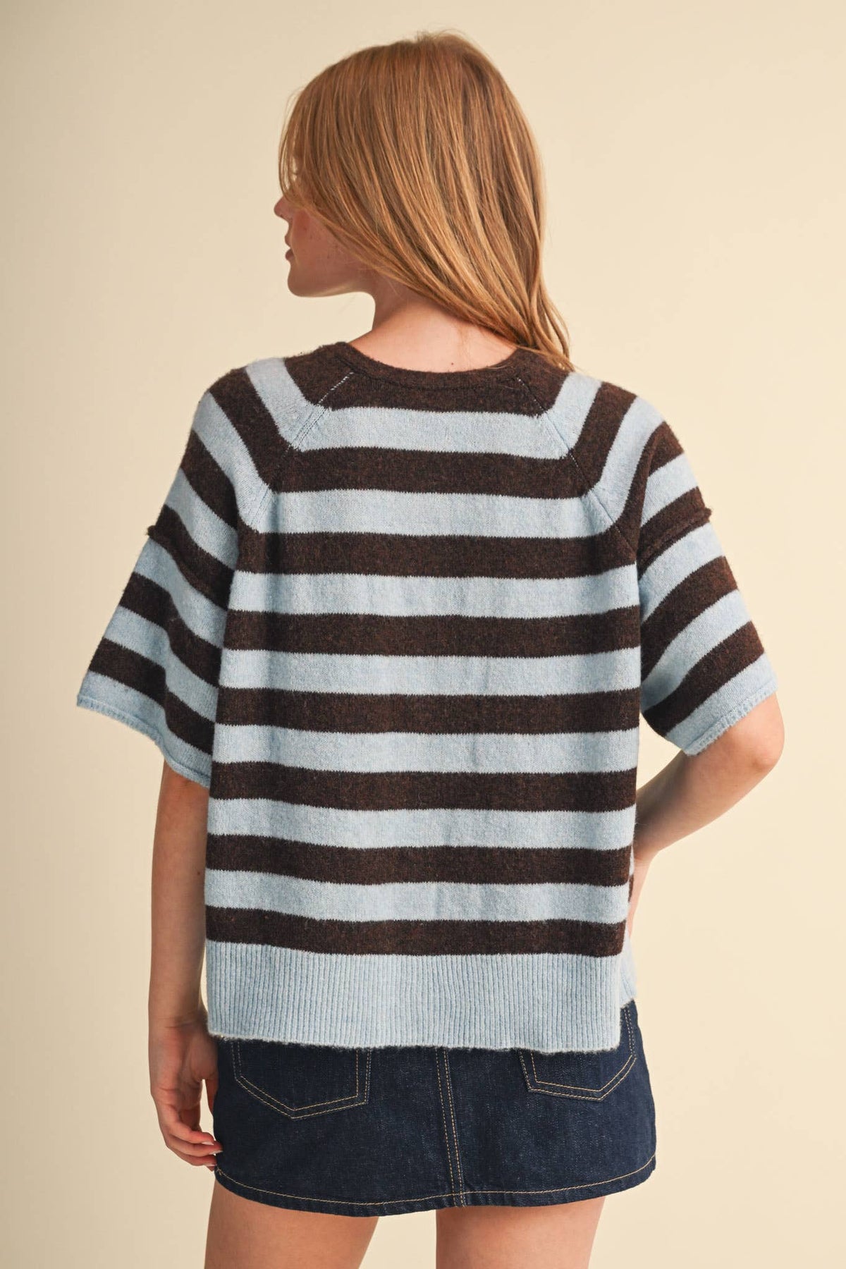 STRIPED SHORT SLEEVE SWEATER CARDIGAN MSW11671: OLIVE PLUM / L