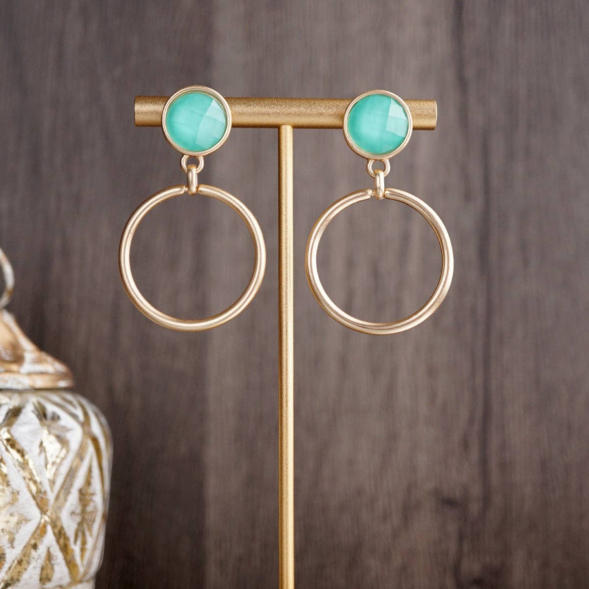 Gold Dipped Hoop Earrings with Faceted Stone – Color Pop Glow: Aqua Mist
