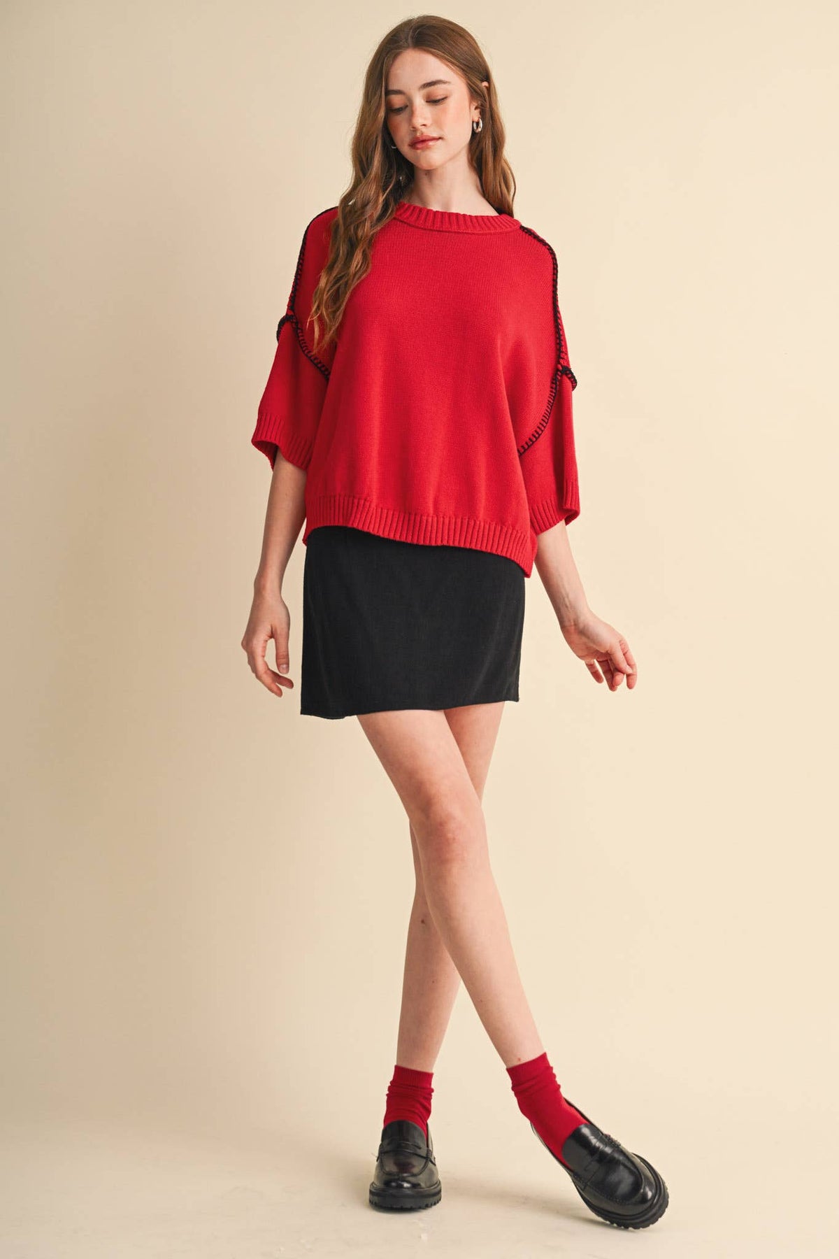 SHORT SLV SWEATER W CONTRAST BLANKET STITCH MSW11471: OLIVE TAUPE / L