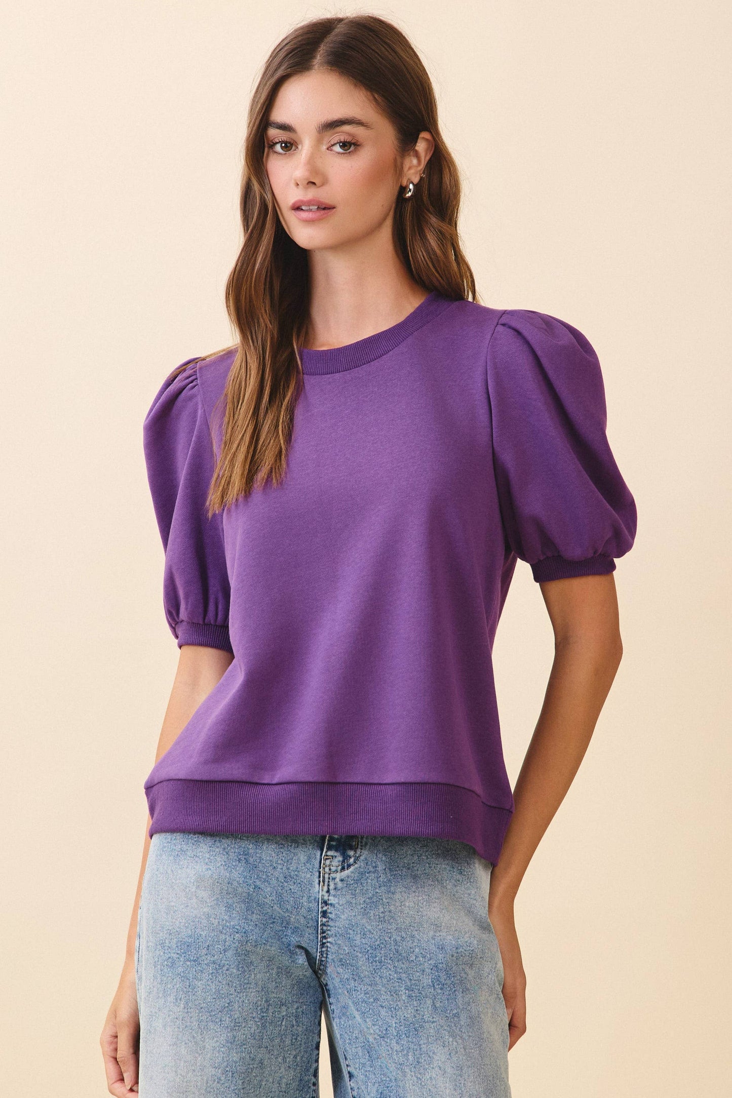 CT8936-Crew Neck Short Puff Sleeves Knit Top: Navy / L