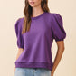 CT8936-Crew Neck Short Puff Sleeves Knit Top: Navy / S