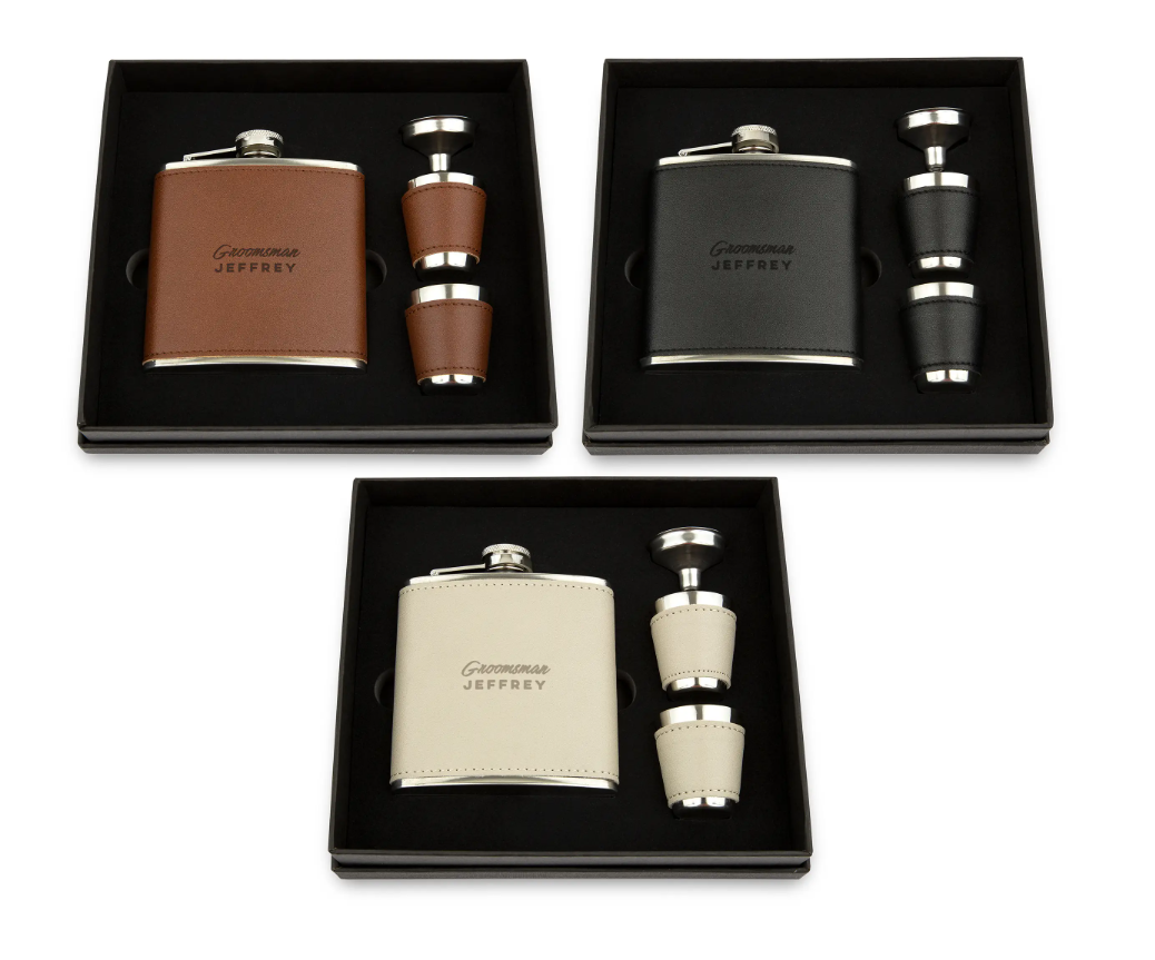 Faux Leather Wrapped Flask Gift Box Set -Chocolate Brown