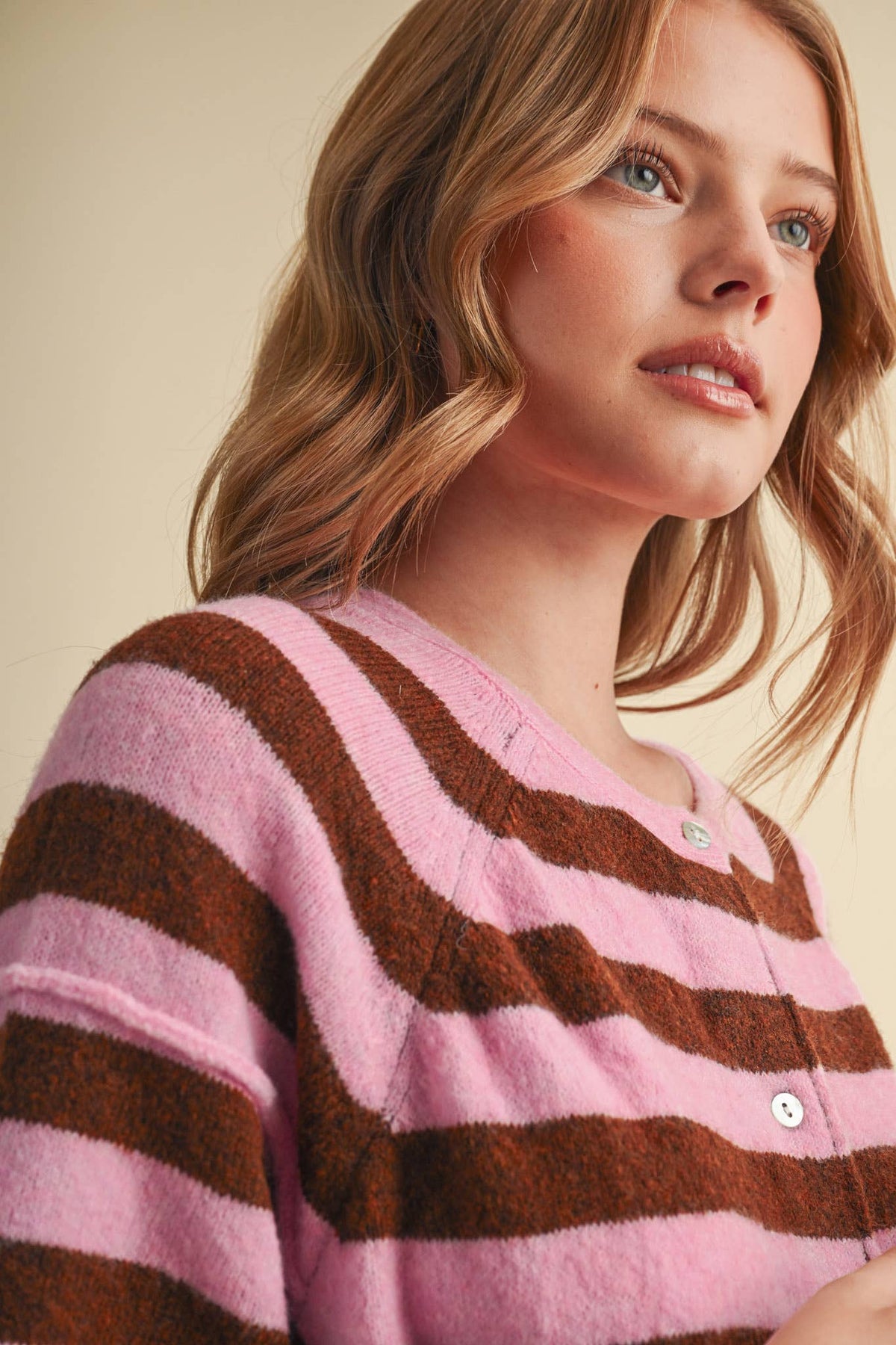 STRIPED SHORT SLEEVE SWEATER CARDIGAN MSW11671: OLIVE PLUM / S