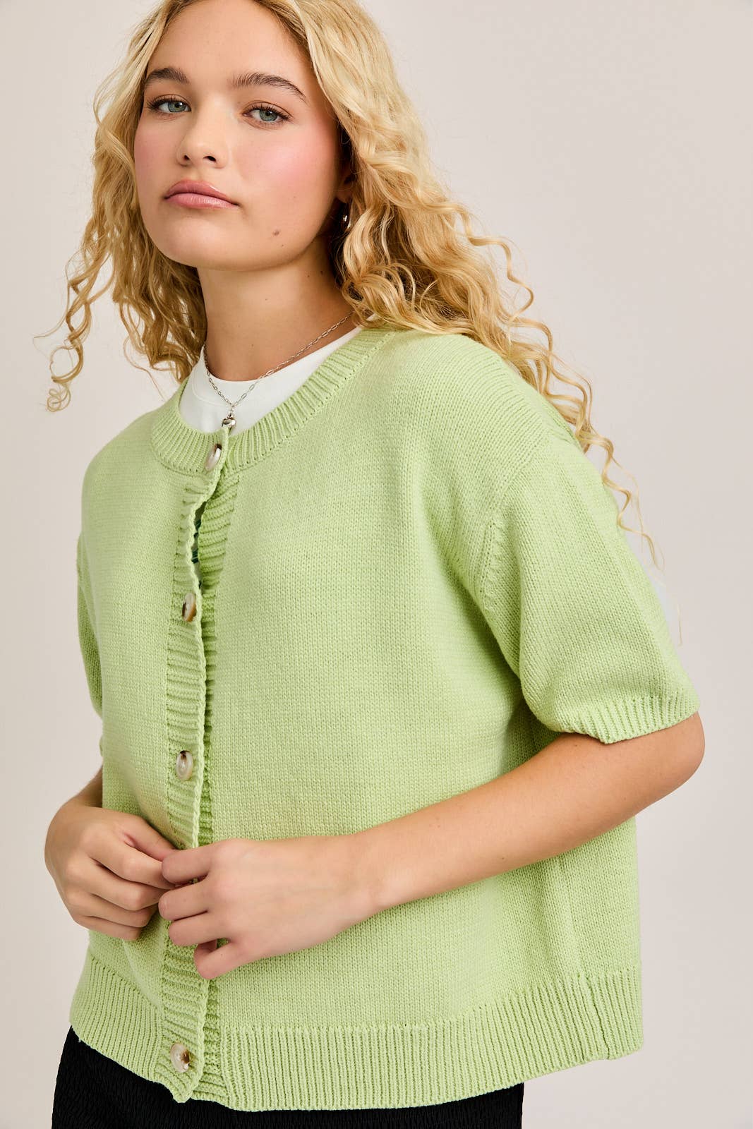 SHORT SLEEVE SWEATER CARDIGAN: LT OLIVE / S