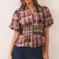 CT10210-Plaid puff sleeve smocked waist top: Burgundy / S