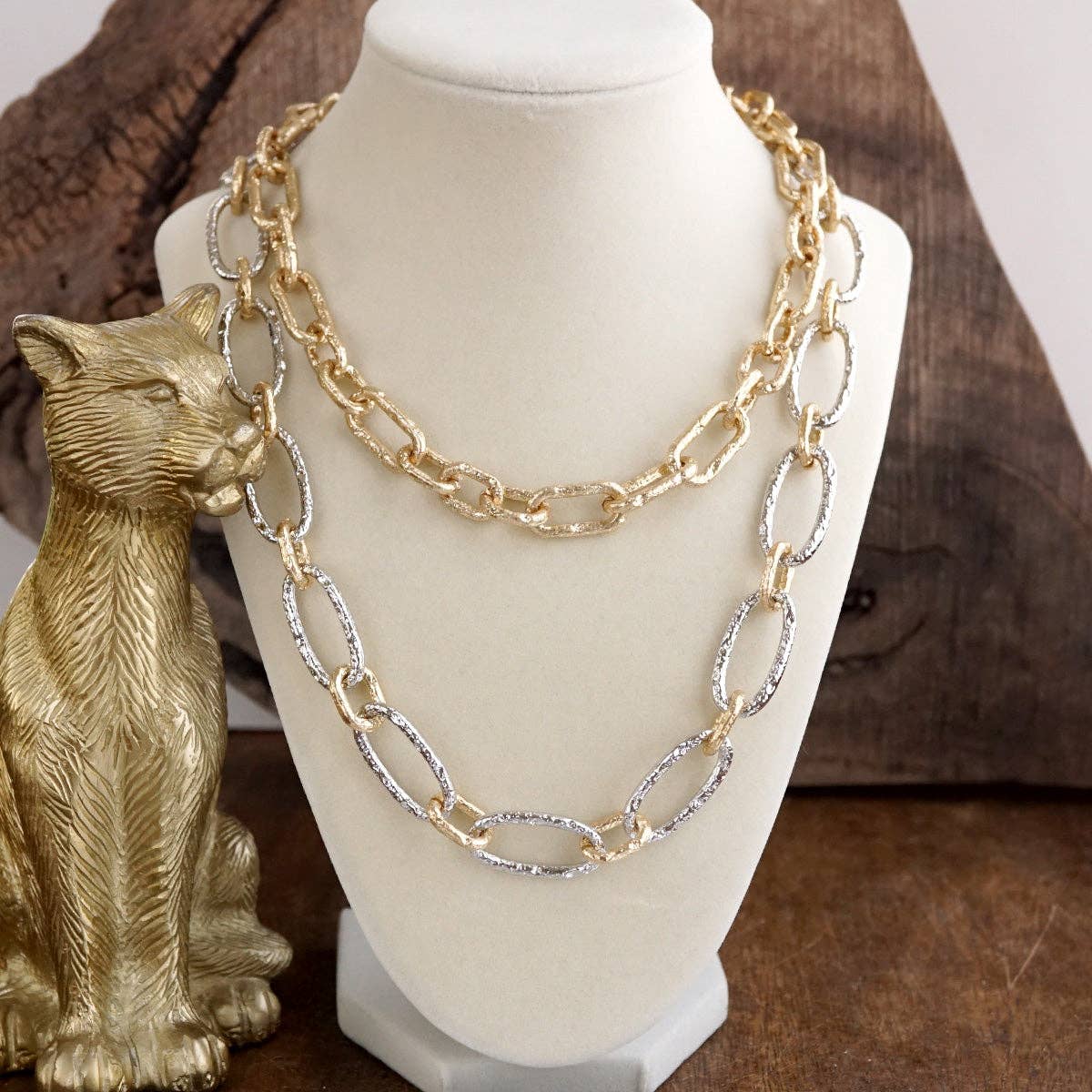Chunky Statement Necklace – Elongated Textured Chain Necklace: Two Tone