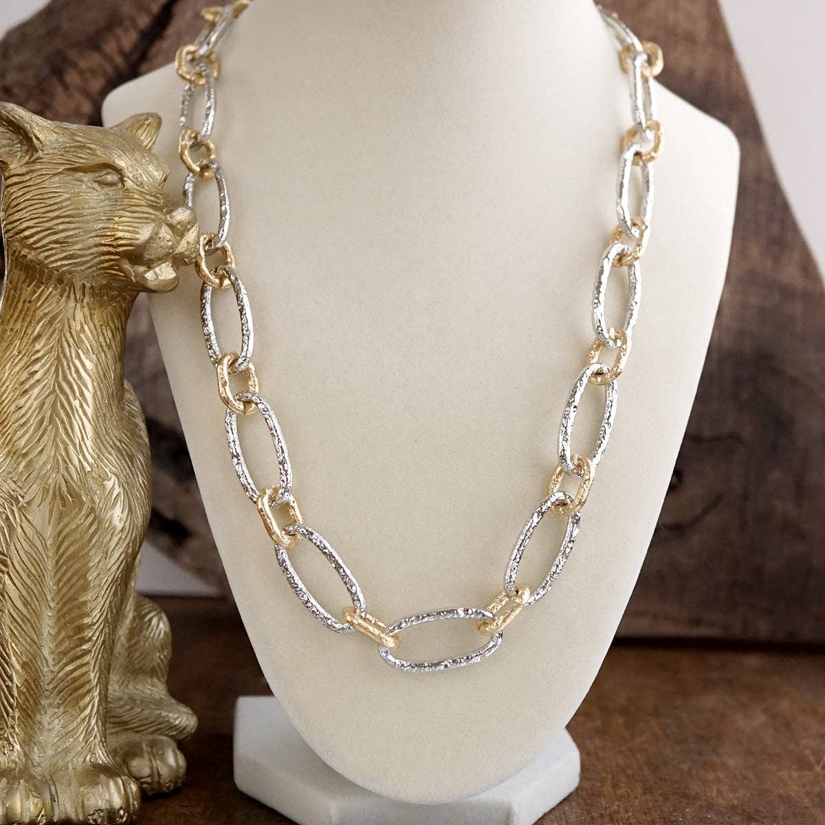 Chunky Statement Necklace – Elongated Textured Chain Necklace: Two Tone