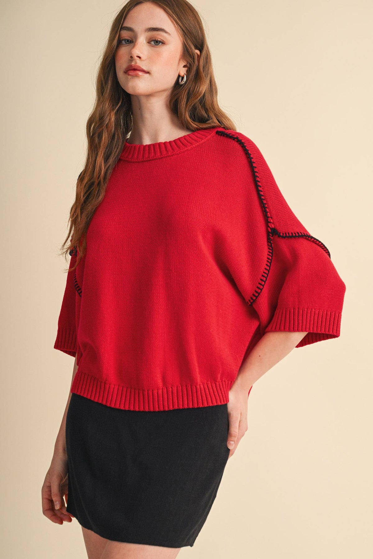 SHORT SLV SWEATER W CONTRAST BLANKET STITCH MSW11471: OLIVE TAUPE / S