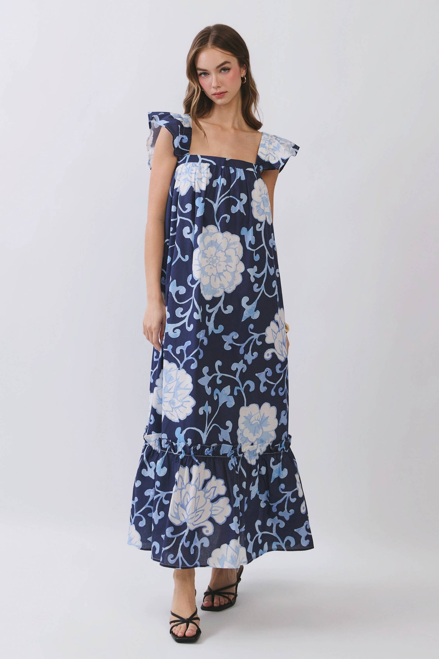 CD06967-Floral Print Ruffle Sleeve Maxi Dress: NAVY / S