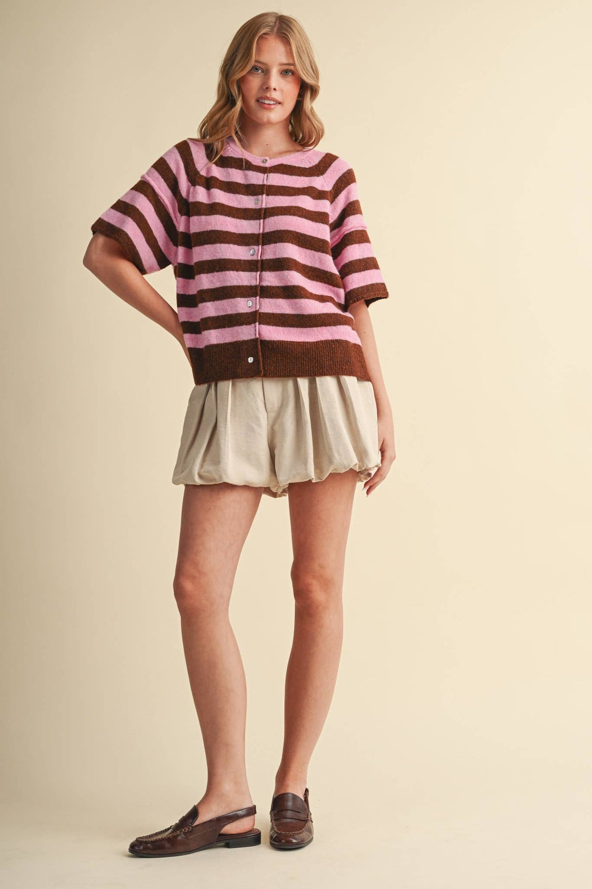 STRIPED SHORT SLEEVE SWEATER CARDIGAN MSW11671: OLIVE PLUM / L