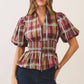CT10210-Plaid puff sleeve smocked waist top: Burgundy / L