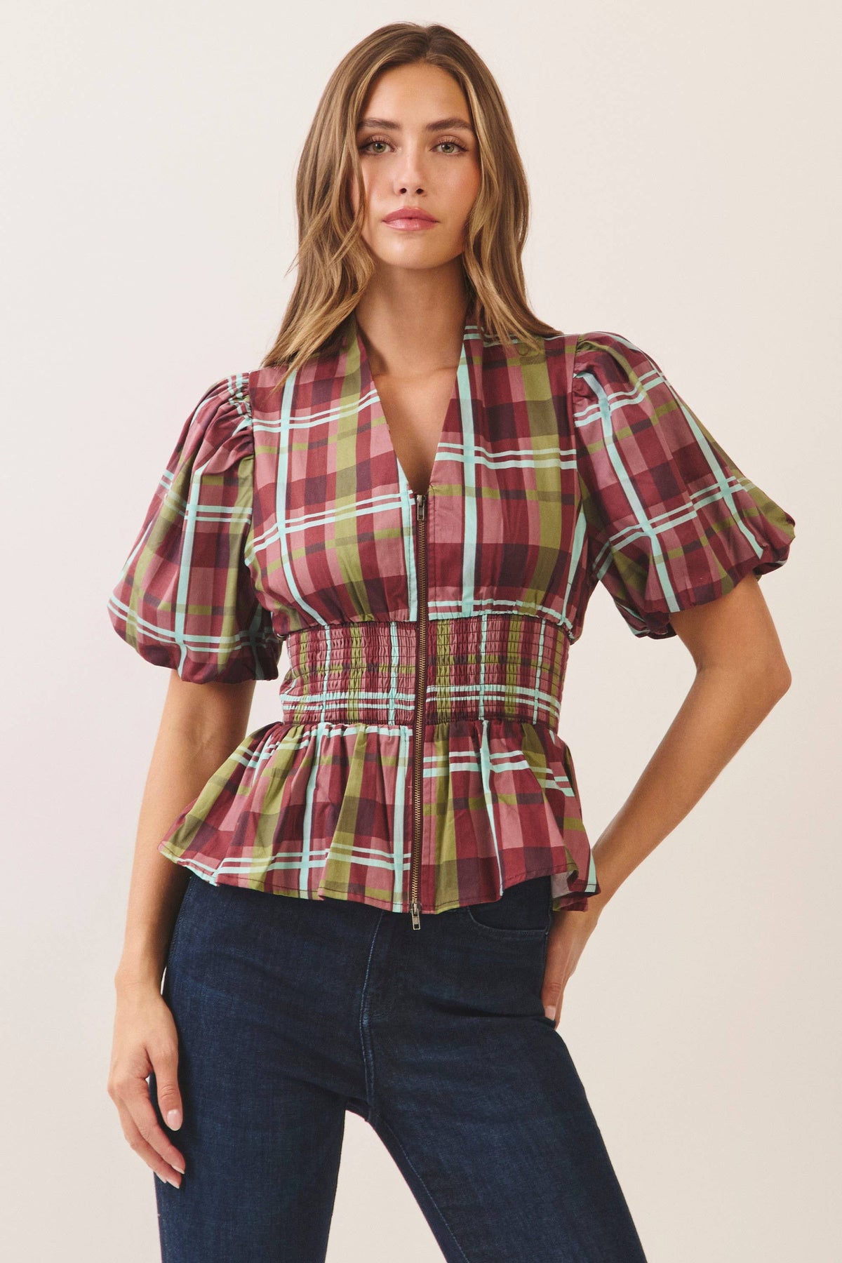 CT10210-Plaid puff sleeve smocked waist top: Burgundy / M
