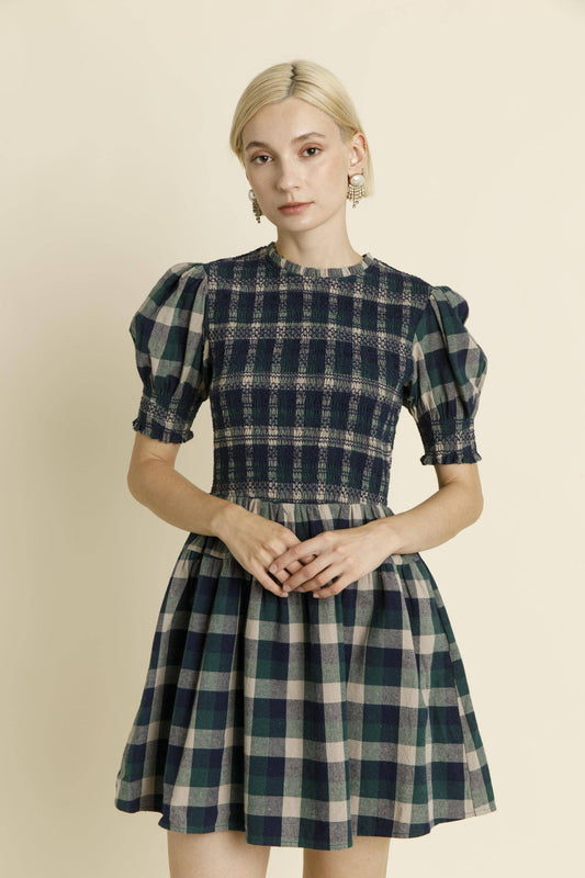 Avery PLAID SMOCKED MINI DRESS