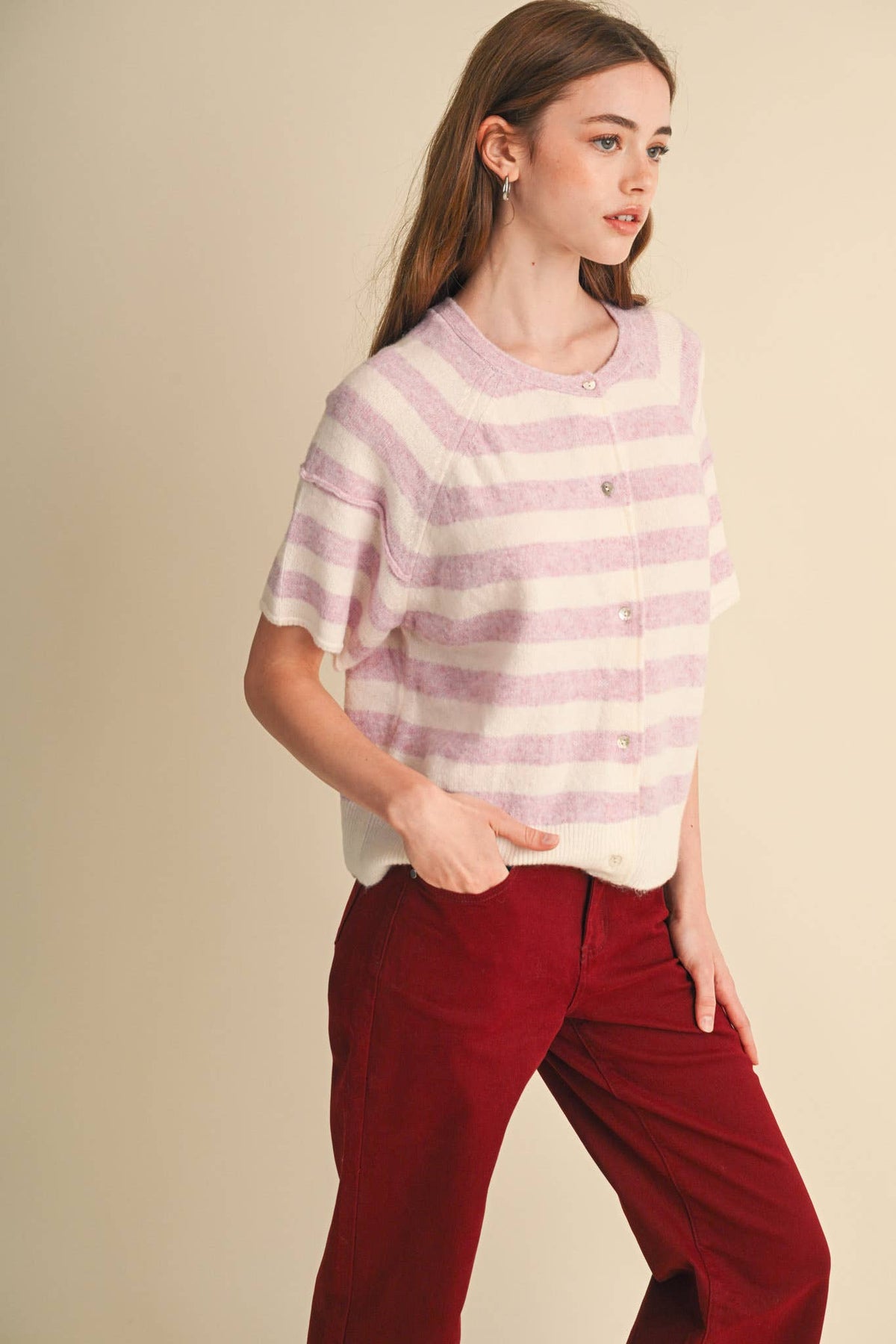 STRIPED SHORT SLEEVE SWEATER CARDIGAN MSW11671: OLIVE PLUM / M