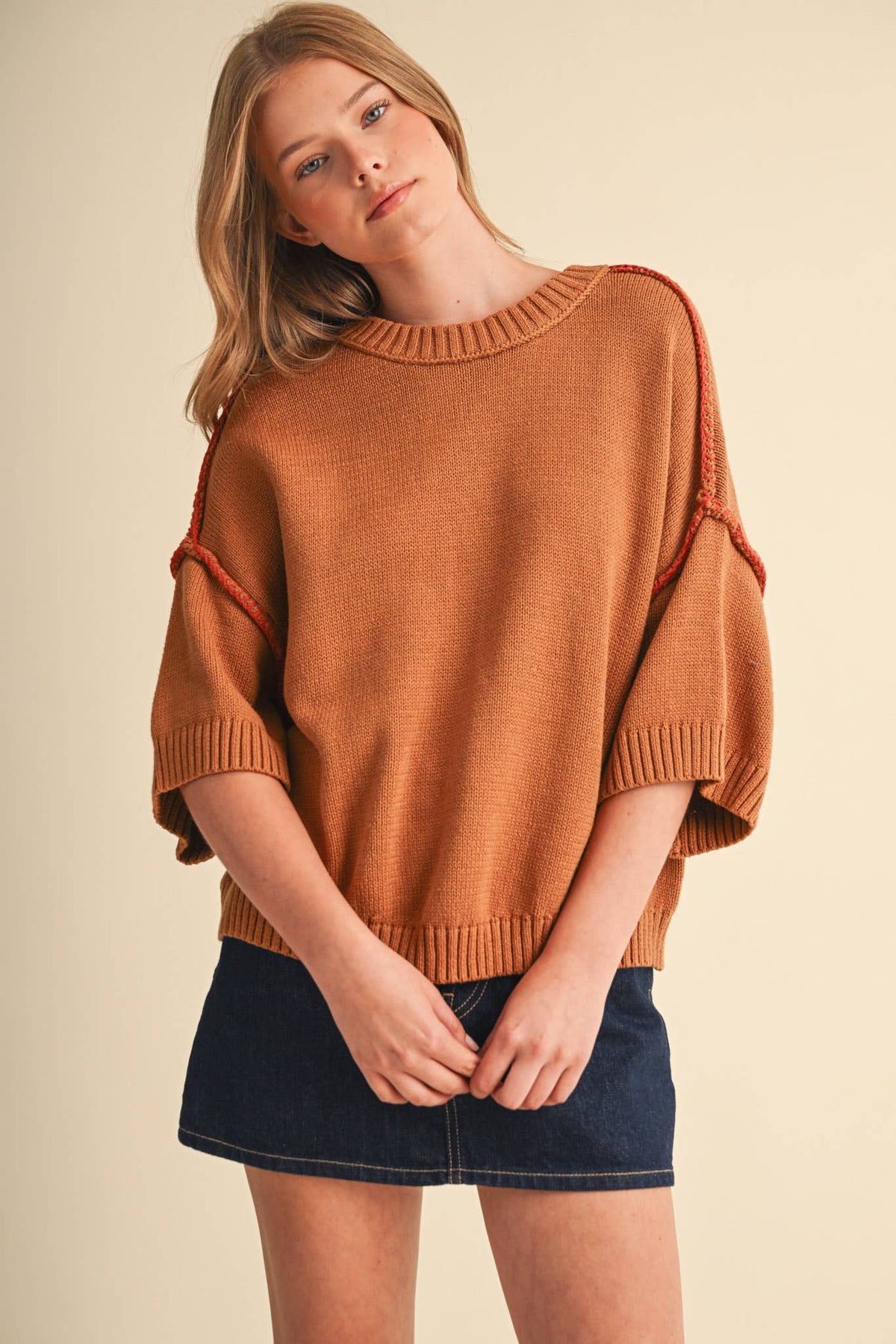 SHORT SLV SWEATER W CONTRAST BLANKET STITCH MSW11471: OLIVE TAUPE / L