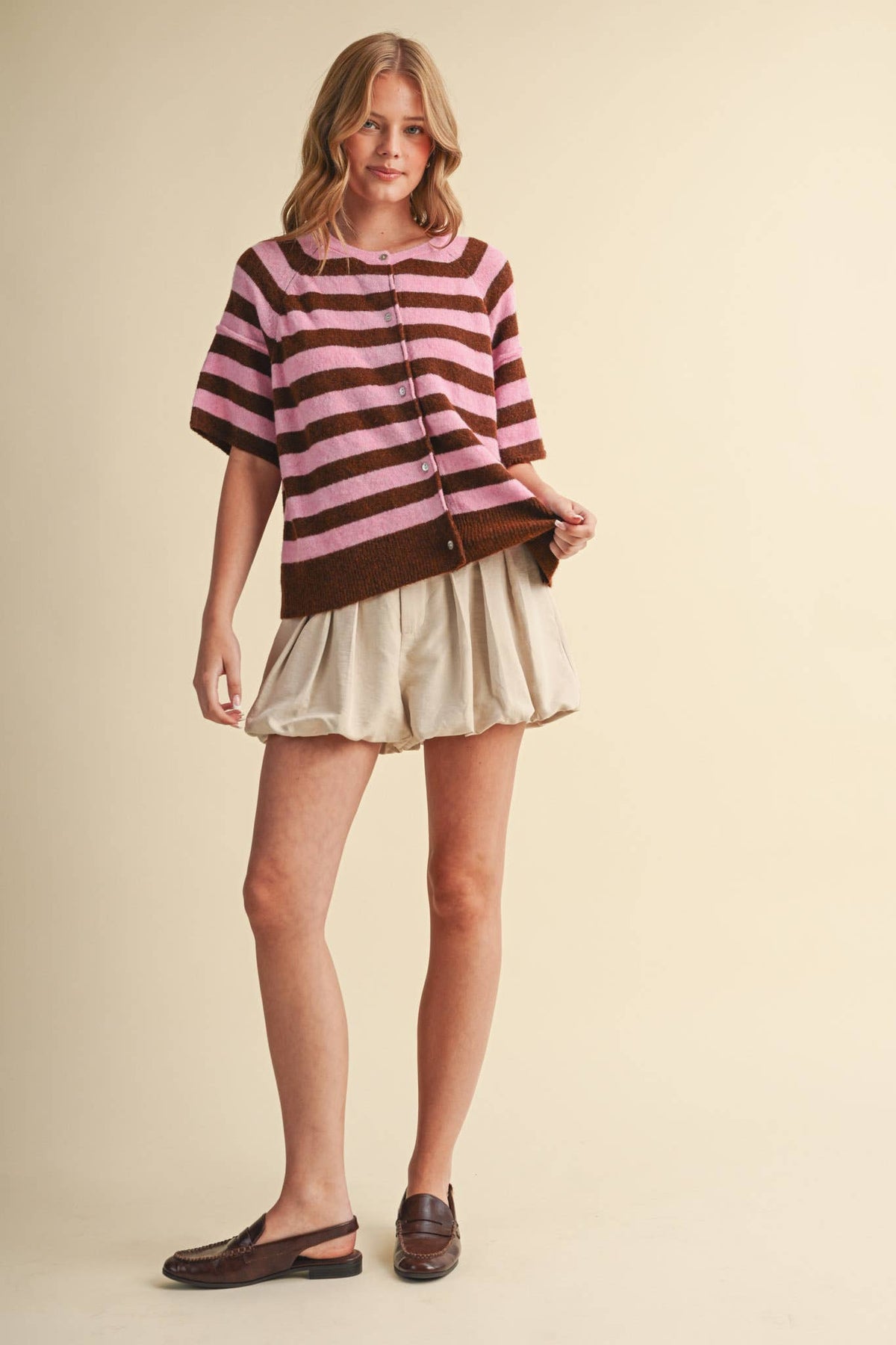 STRIPED SHORT SLEEVE SWEATER CARDIGAN MSW11671: OLIVE PLUM / M