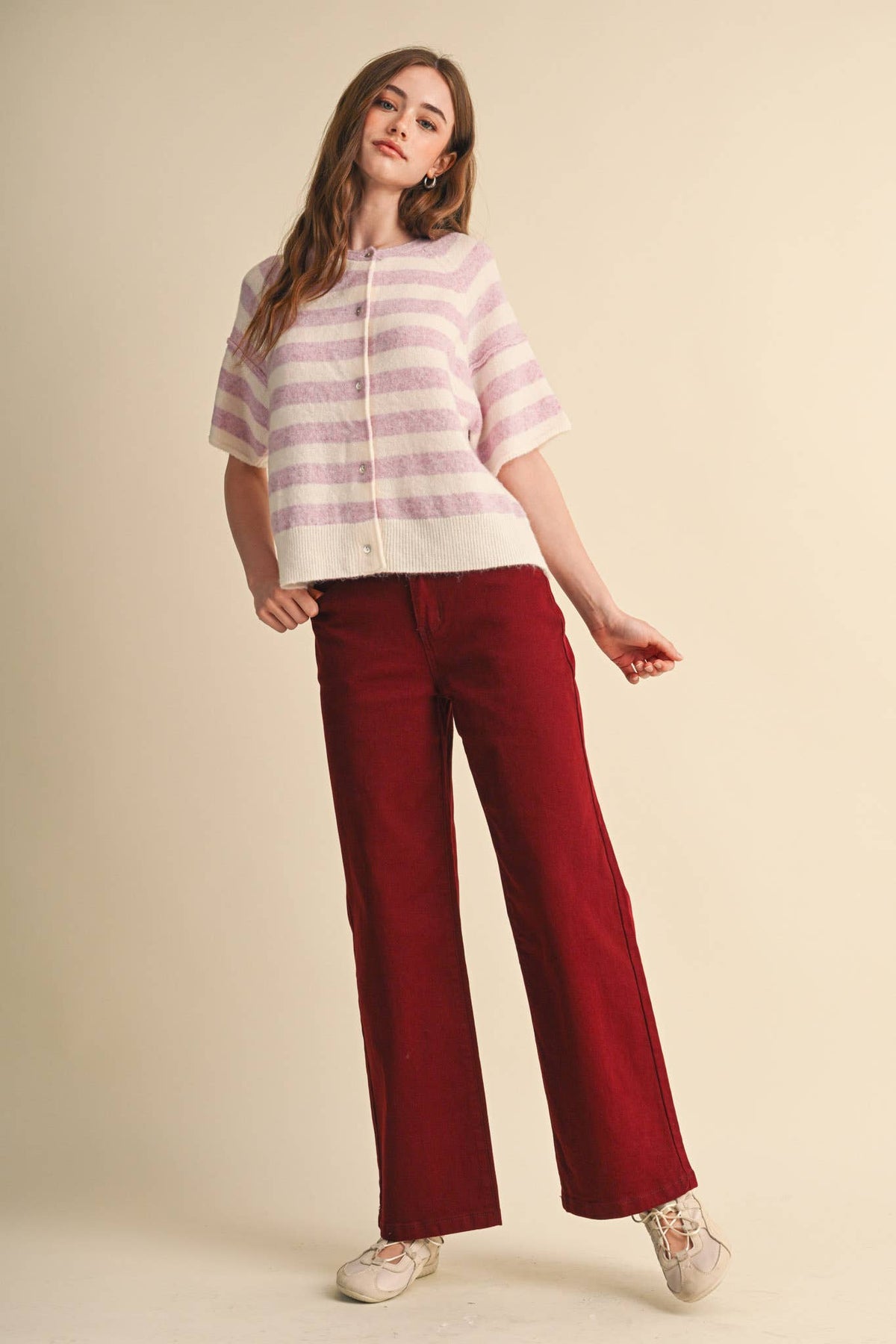 STRIPED SHORT SLEEVE SWEATER CARDIGAN MSW11671: OLIVE PLUM / L