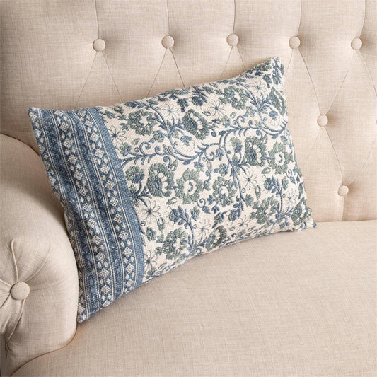 Lumbar Pillow - Knubby Slub Block Print, Sage And Blue Flor