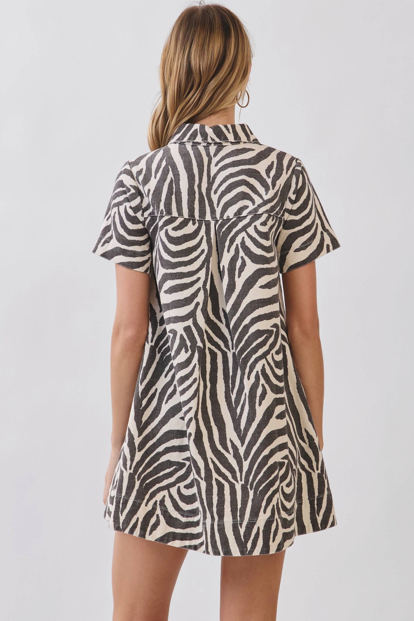 CD07293-Zebra Print Button Down Collared Mini Dress: CREAM / L