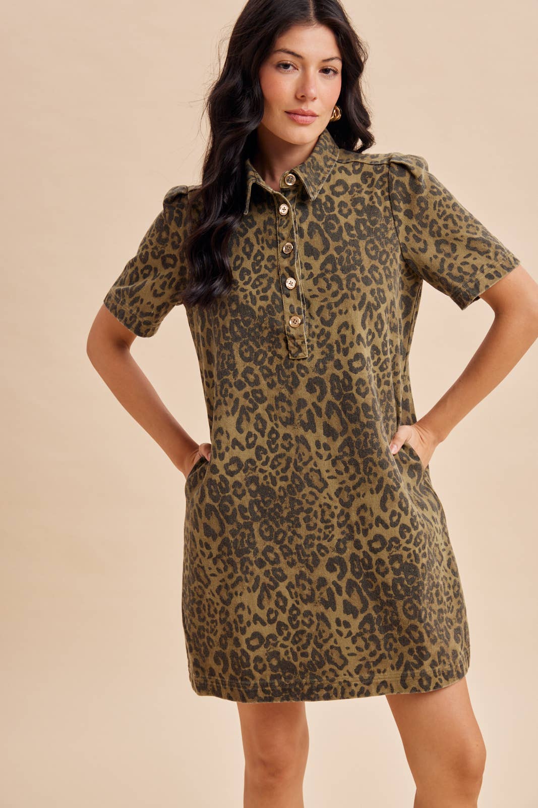 LEOPARD UTILITY MINI DRESS: OLIVE / S
