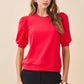 CT8936-Crew Neck Short Puff Sleeves Knit Top: Crimson / M