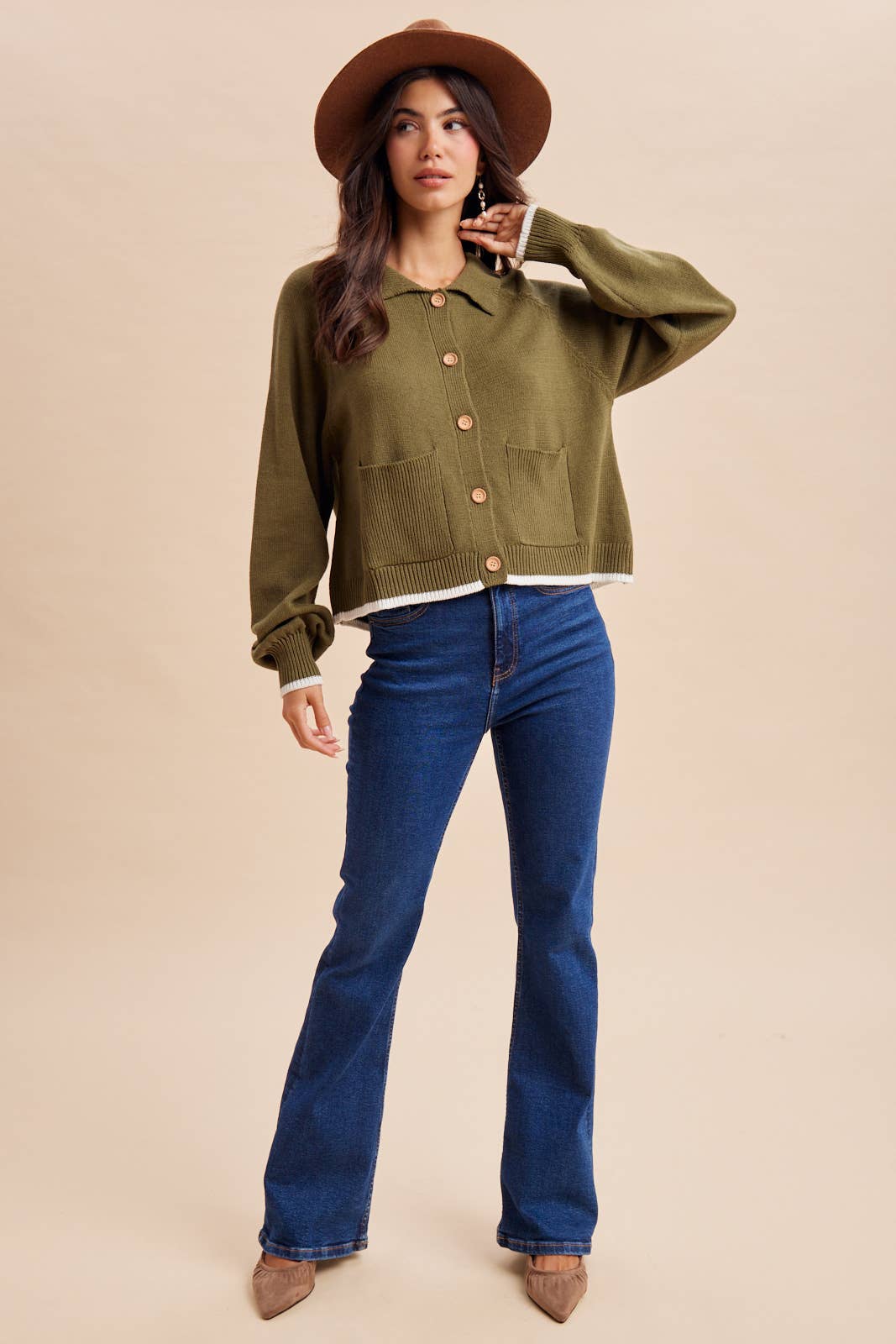 BEAGLE KNITTED CARDIGAN: DUSTED OLIVE / S