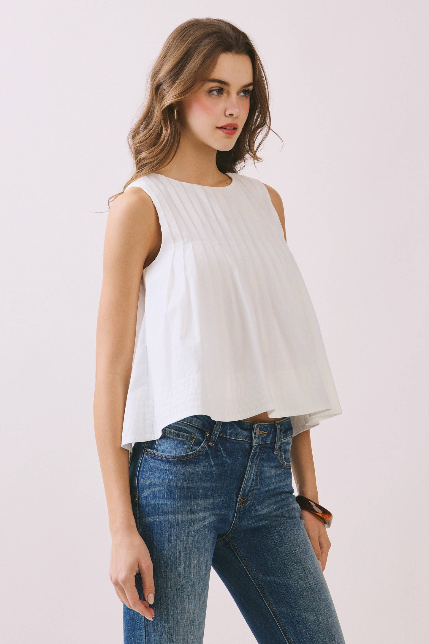 CT9082-Pleated Detail High Low Sleeveless Top: Baby Blue / S