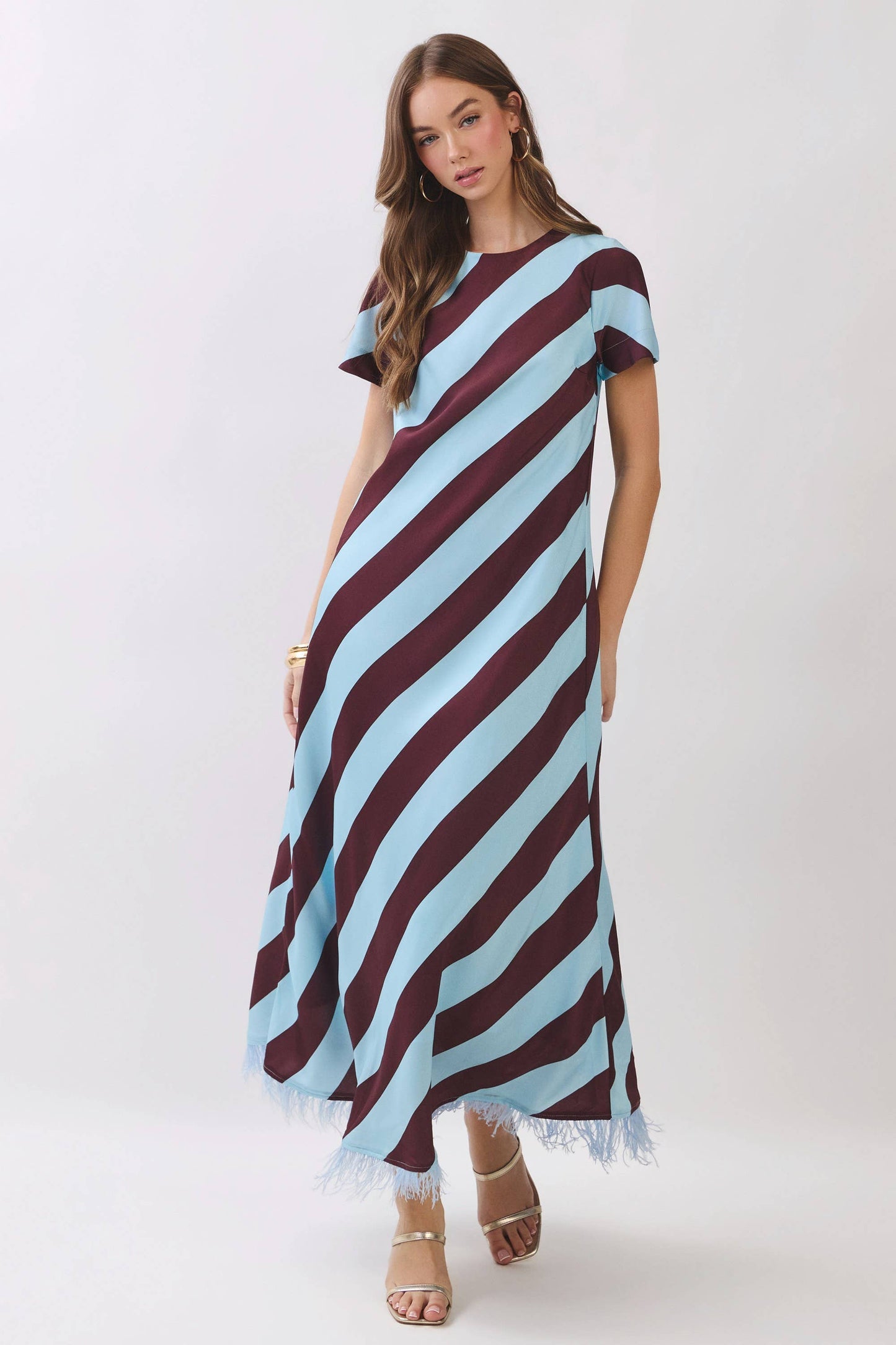 CD07188-Diagonal Stripe Feather Hem Maxi Dress: Blue / S