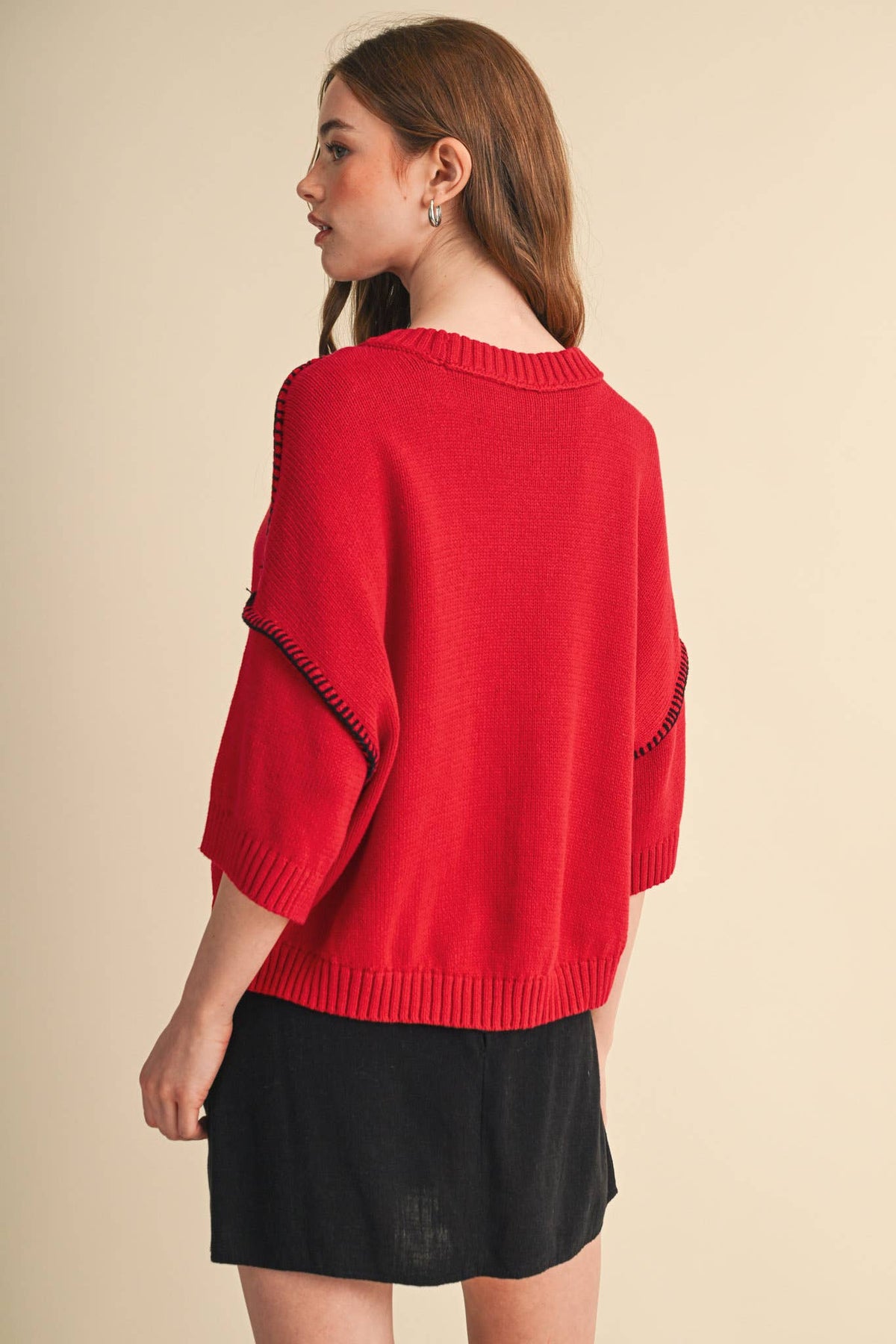 SHORT SLV SWEATER W CONTRAST BLANKET STITCH MSW11471: OLIVE TAUPE / S