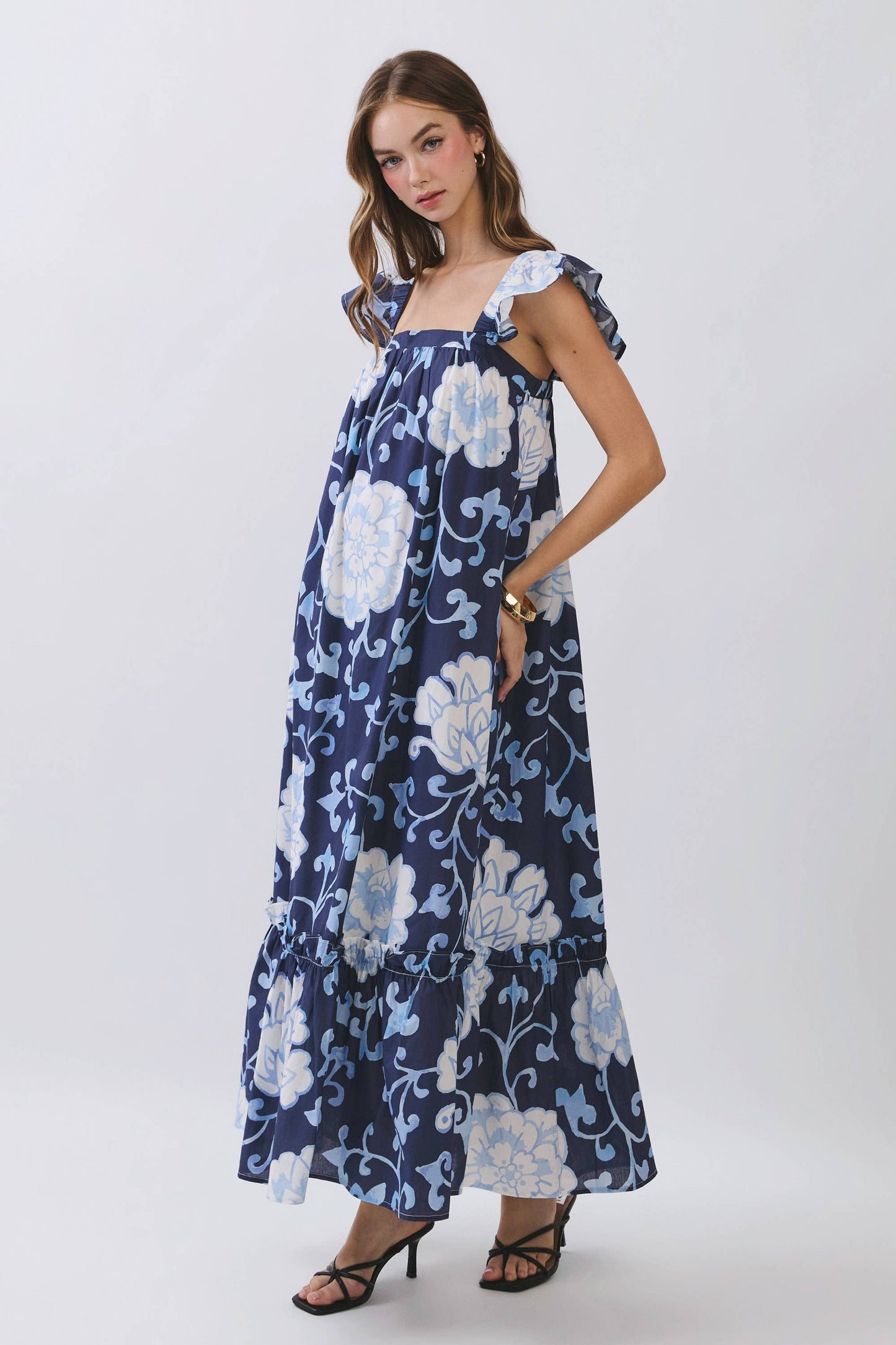 CD06967-Floral Print Ruffle Sleeve Maxi Dress: NAVY / S