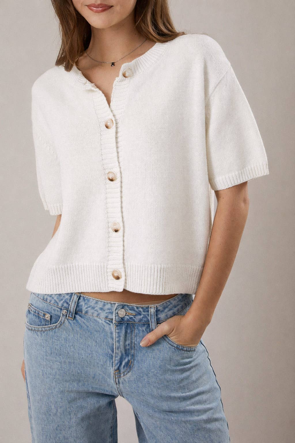 SHORT SLEEVE SWEATER CARDIGAN: LT OLIVE / S