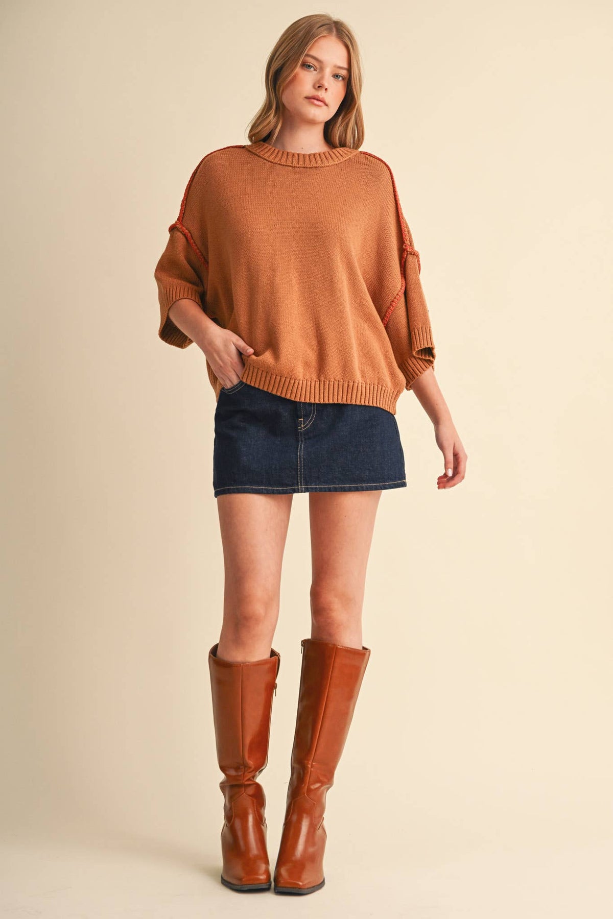 SHORT SLV SWEATER W CONTRAST BLANKET STITCH MSW11471: OLIVE TAUPE / S